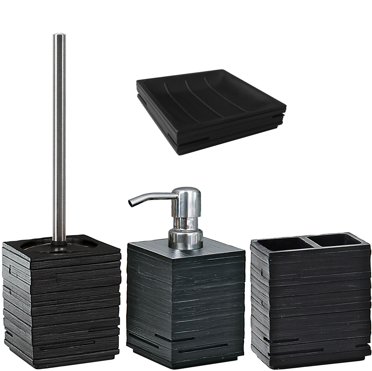 Set Portasapone Accessori Bagno In Resina - Nero Opaco Con Design Scanalato - Pratico E Moderno - 3