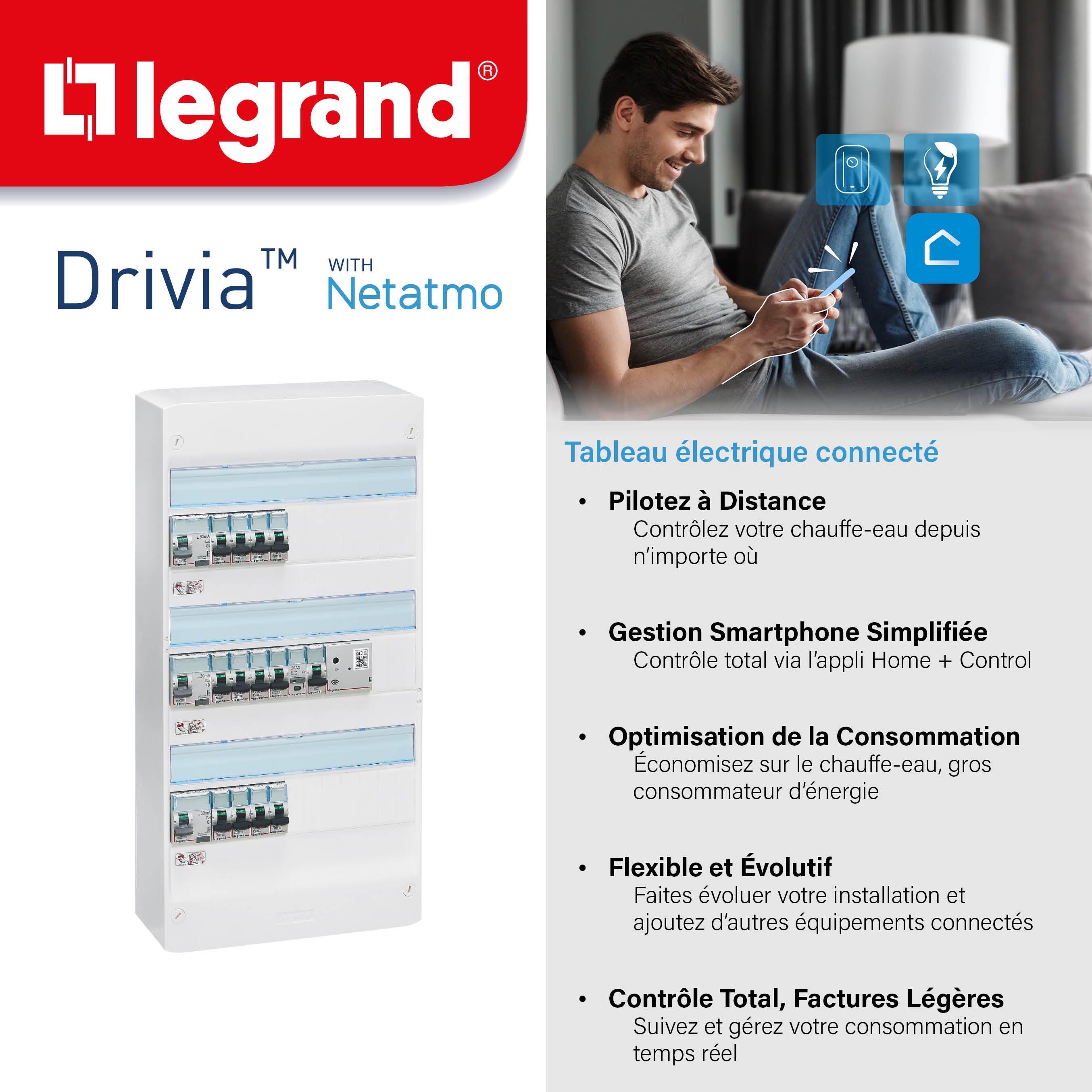 Tableau électrique connecté équipé LEGRAND Drivia 3 rangées 39 modules - 3