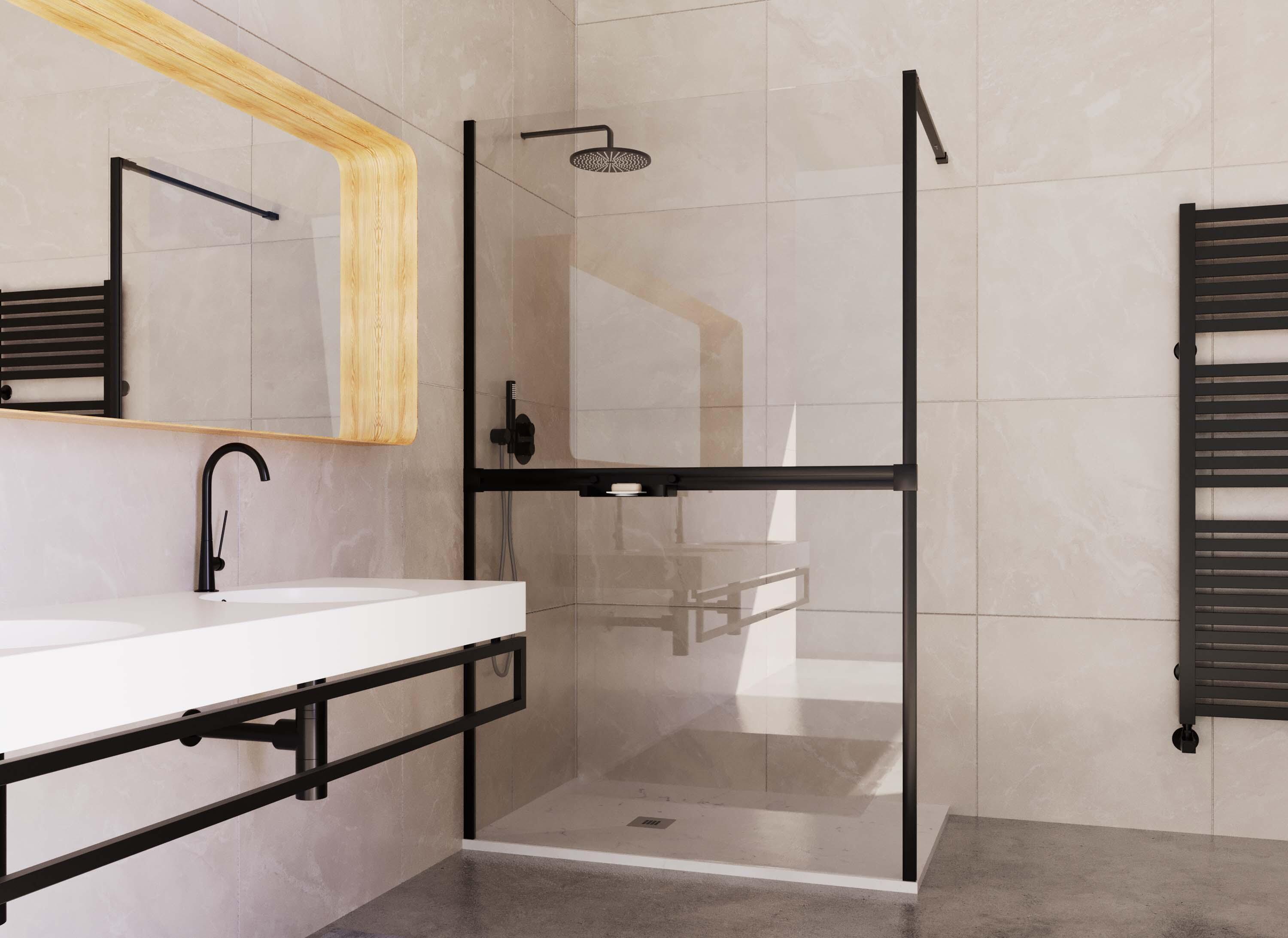 Mampara de ducha fija transparente doppia 2 perfil aluminio negro (100-101)x200 cm cristal 6mm reversible antical 1 barra de estabilización 100 cm (recortable) incluida marca vanguard