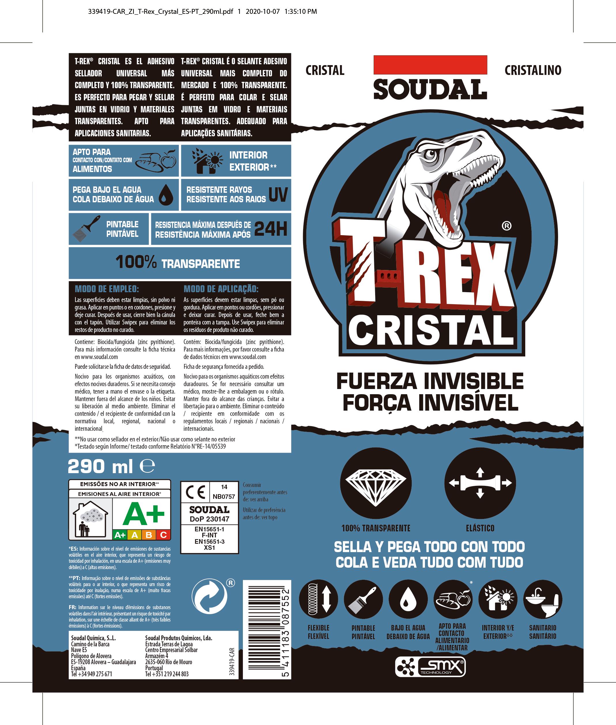 Adhesivo de montaje SOUDAL T-REX POWER 290 ml transparente para madera, hormigón, resiste a las torsiones, aplicación con pistola. Para fijar un material a una superficie. - 10