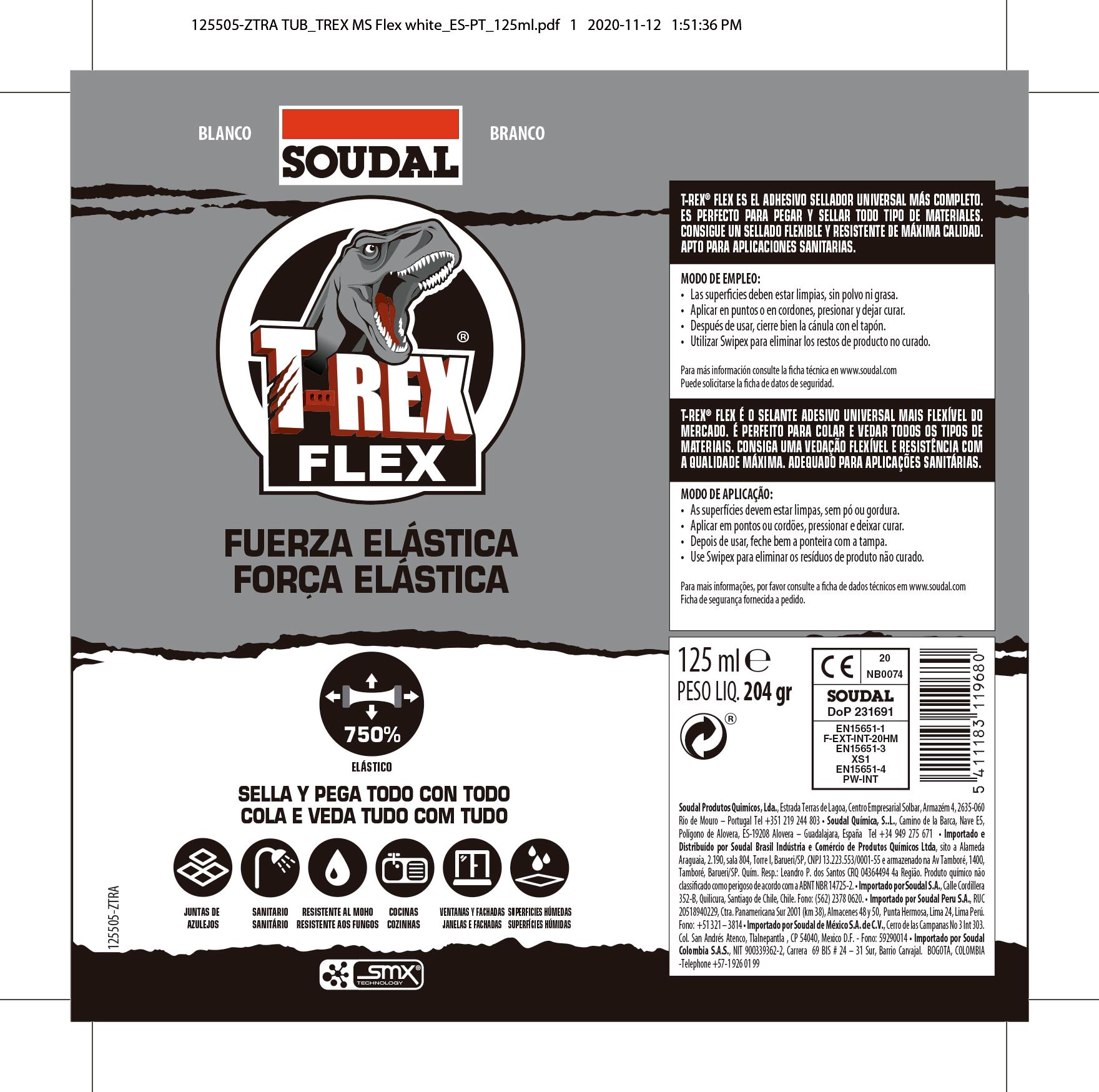 Adhesivo de montaje SOUDAL T-REX FLEX 125 ml blanco para madera, hormigón, resiste a las torsiones. Para fijar un material a una superficie. - 2