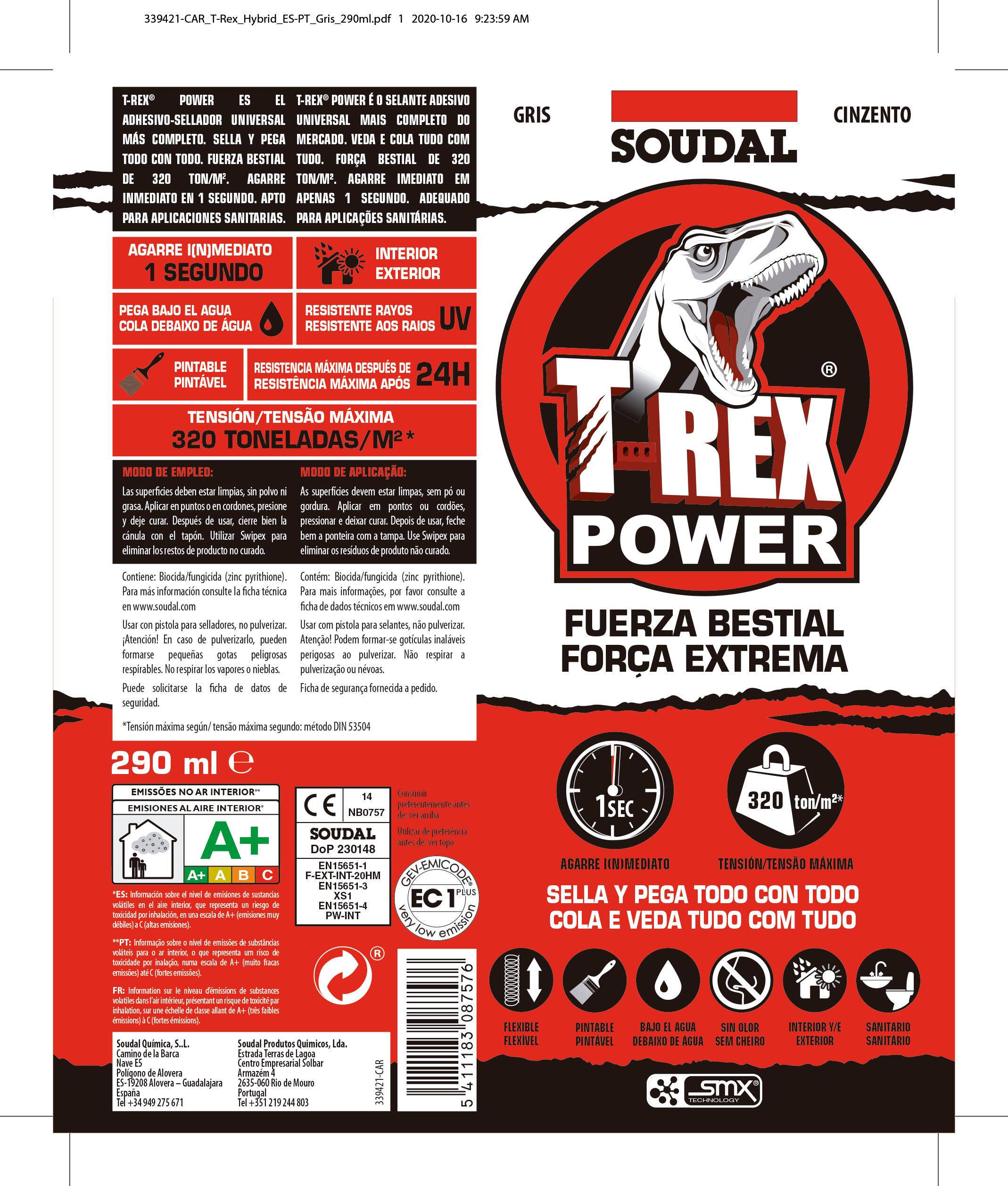 Adhesivo de montaje SOUDAL T-REX POWER 290 ml gris para madera, hormigón, resiste a las torsiones, aplicación con pistola. Para fijar un material a una superficie. - 10