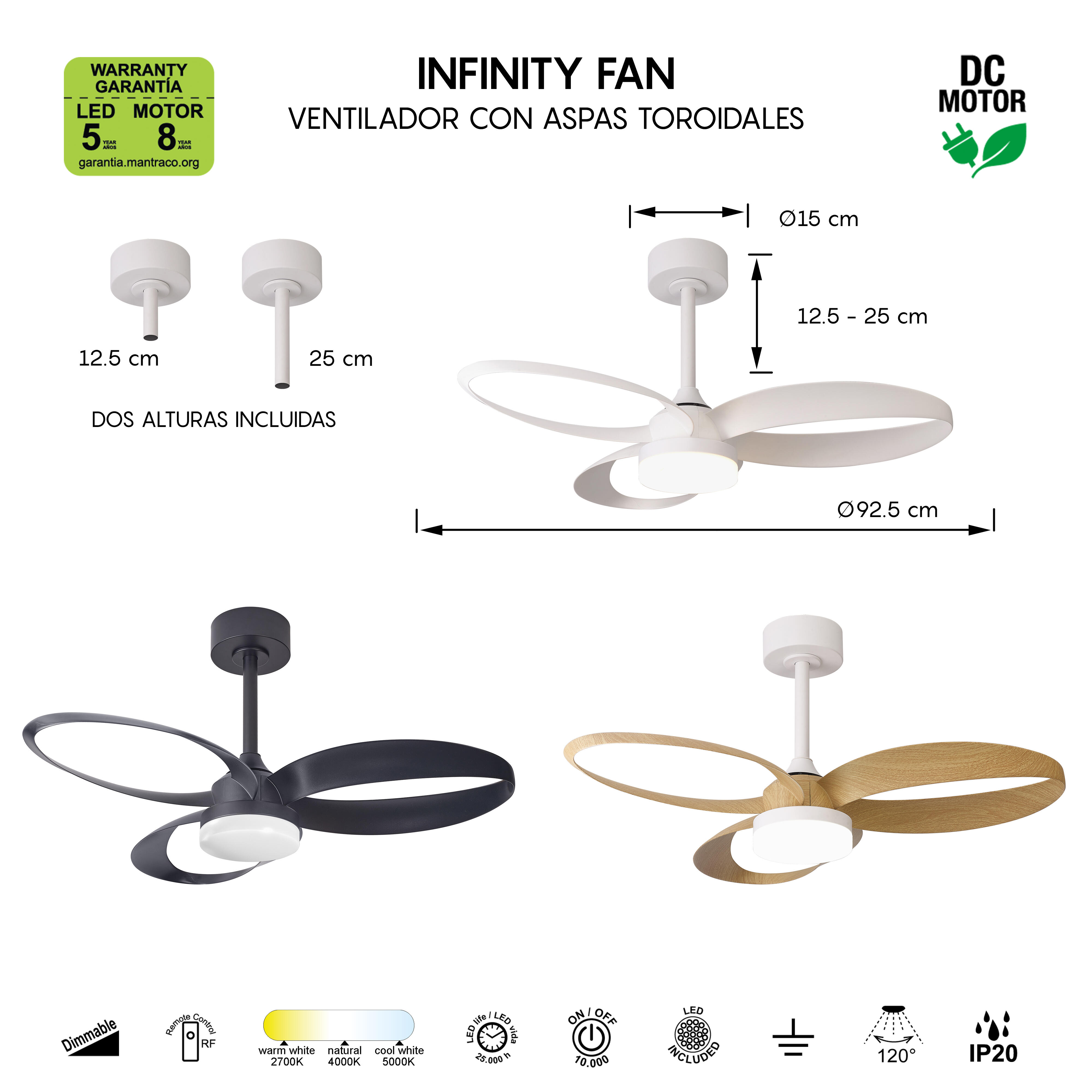 Ventilador de techo con luz silencioso DC con mando Mantra Infinity negro ø92.5 cm invierno/verano color luz regulable - 7