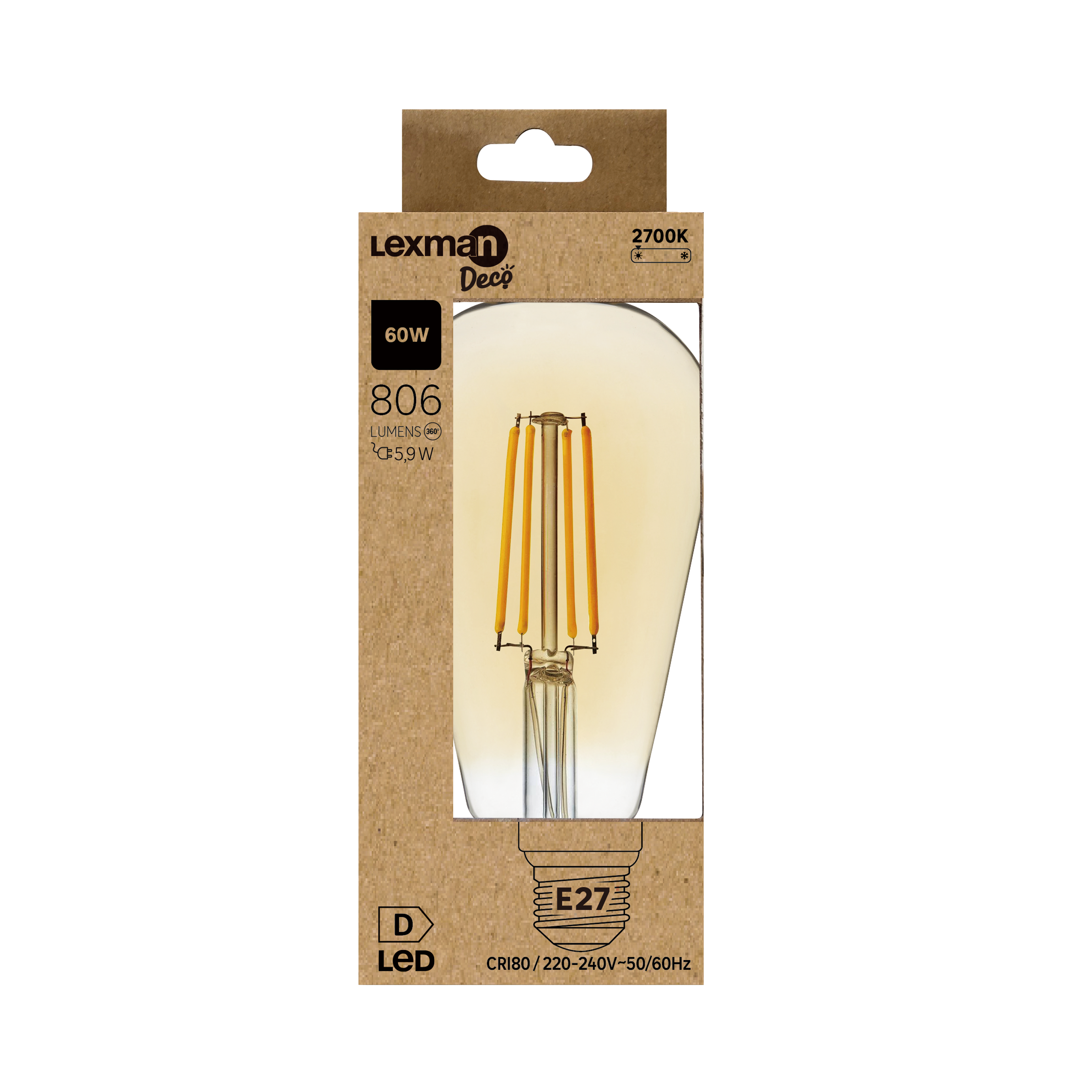 Ampoule led à filament, Edison E27, 806lm = 60W, blanc chaud, LEXMAN - 3