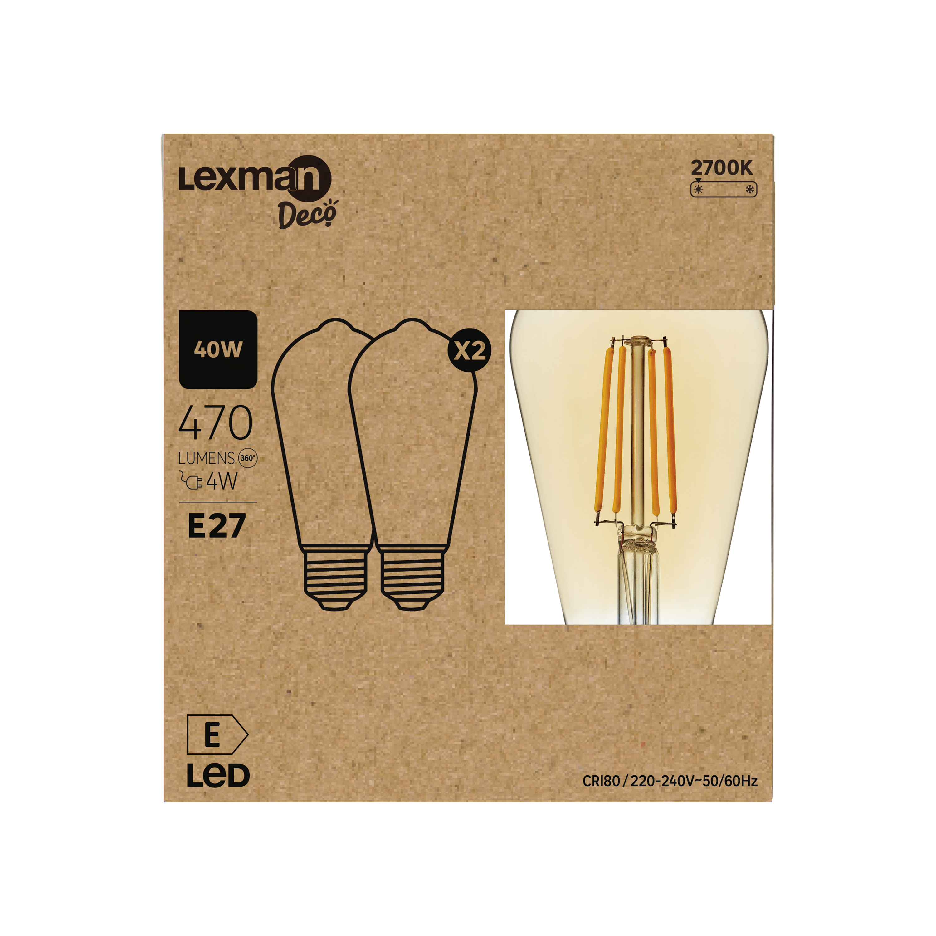 Lot de 2 ampoules led à filament, Edison E27, 470lm = 40W, blanc chaud, LEXMAN - 2