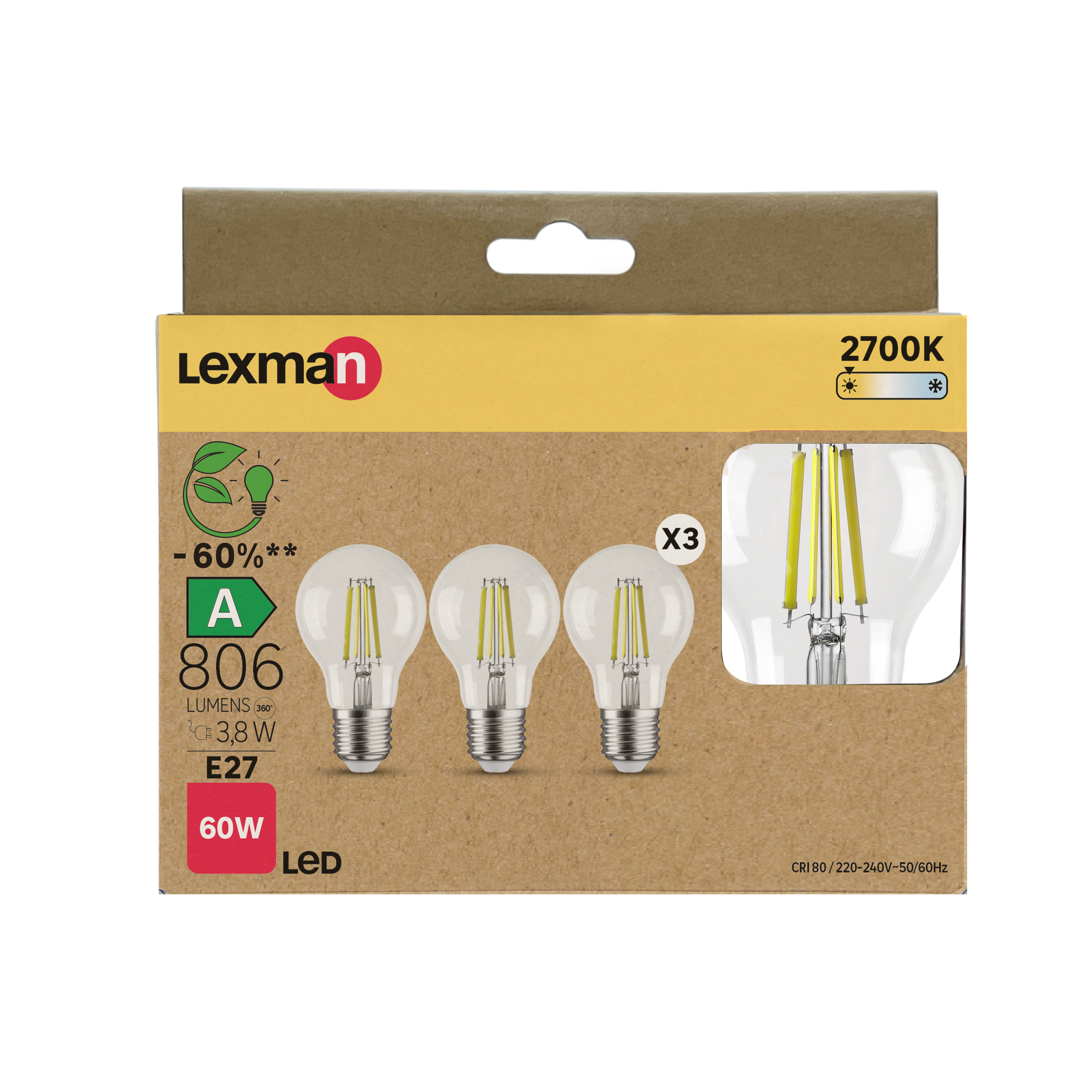 3 ampoules led E27, 806lm, classe énergétique A, blanc chaud, LEXMAN - 6