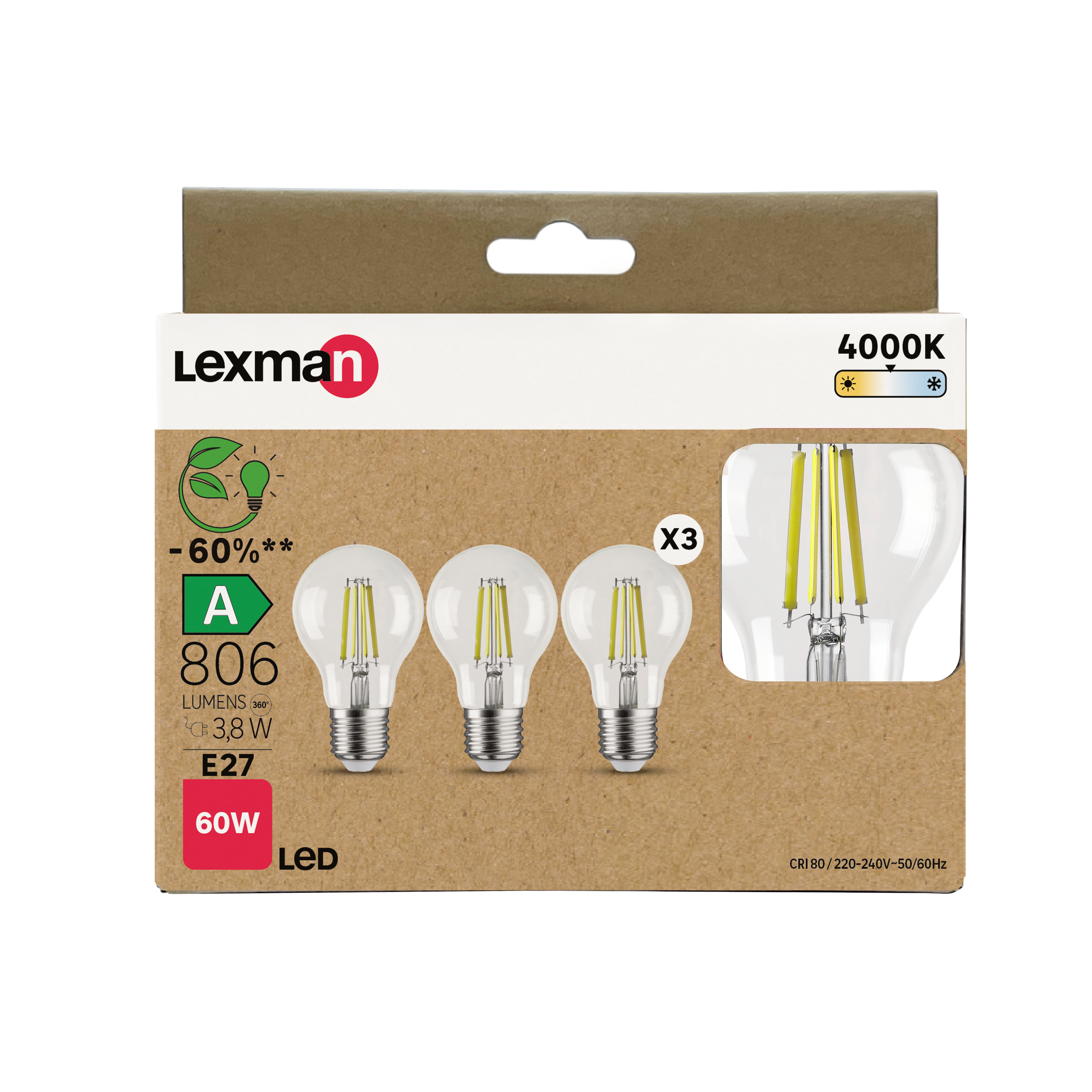 3 ampoules led, E27, 806lm = 60W, classe énergétique A, blanc neutre, LEXMAN - 6