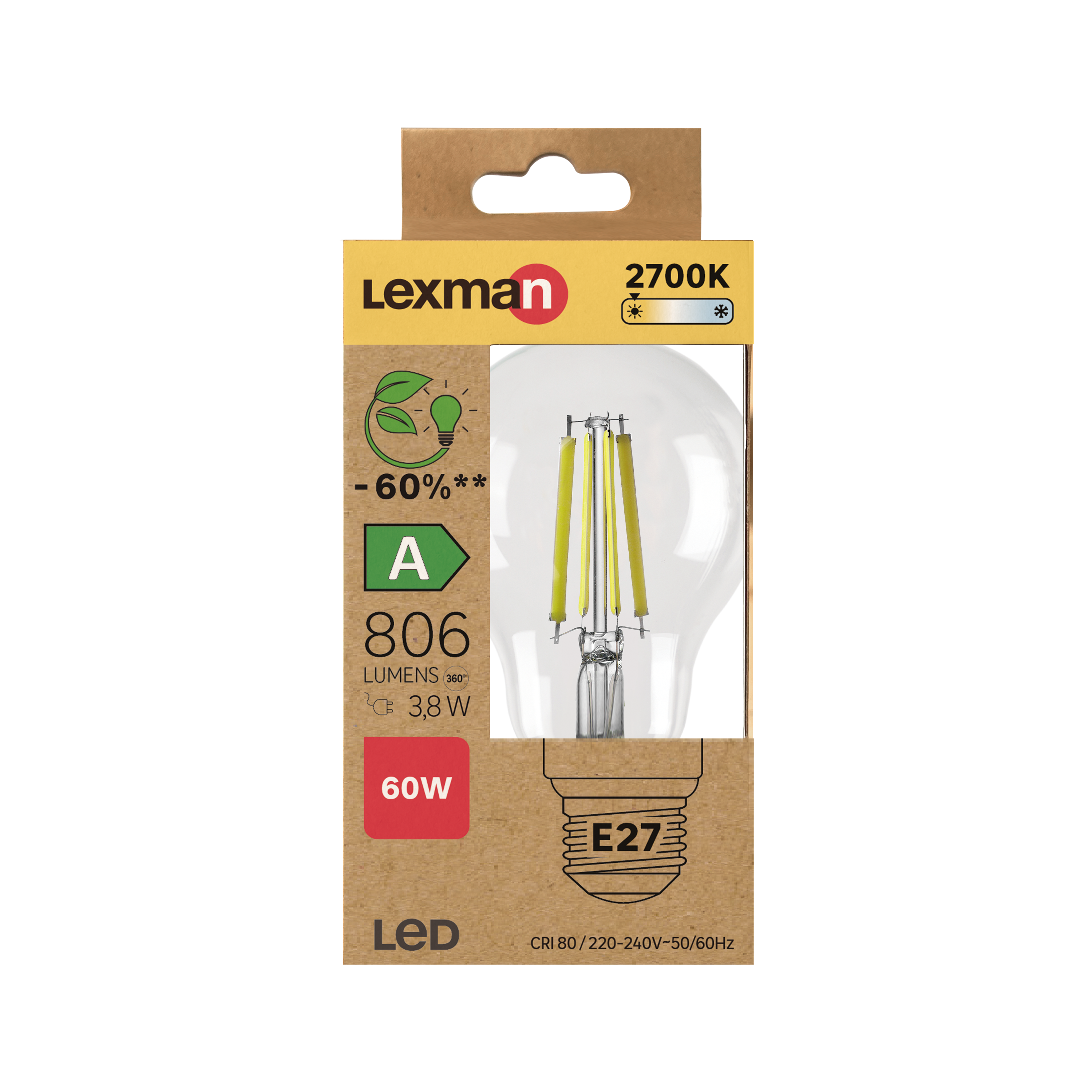 Ampoule led, E27, 806lm, classe énergétique A, blanc chaud, LEXMAN - 6