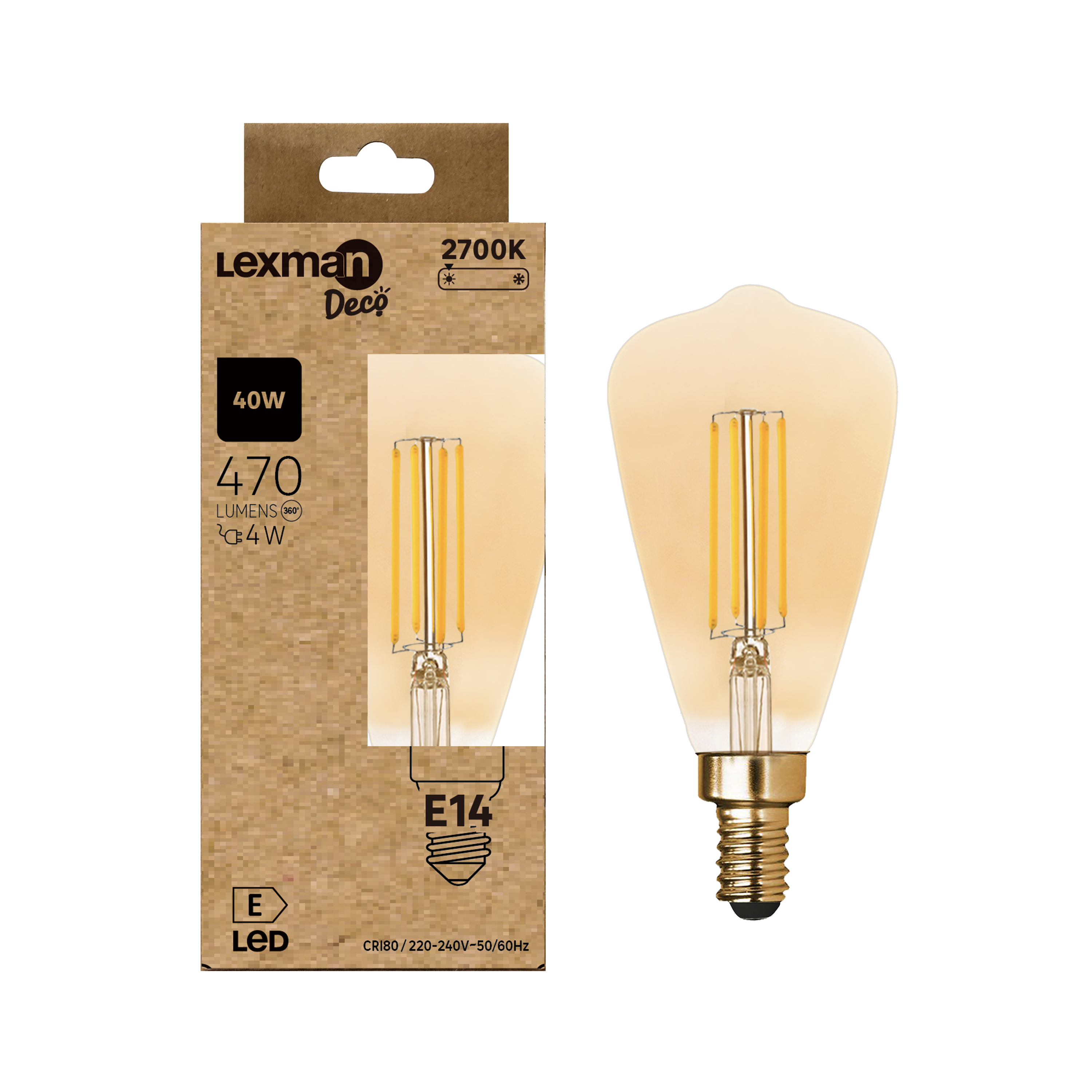Bombilla decorativa LED filamento E14 forma Edison 470 lúmenes 4W color de la luz blanco cálido 2700K CRI 89-80 luz natural y fiel  clase energética E - 4
