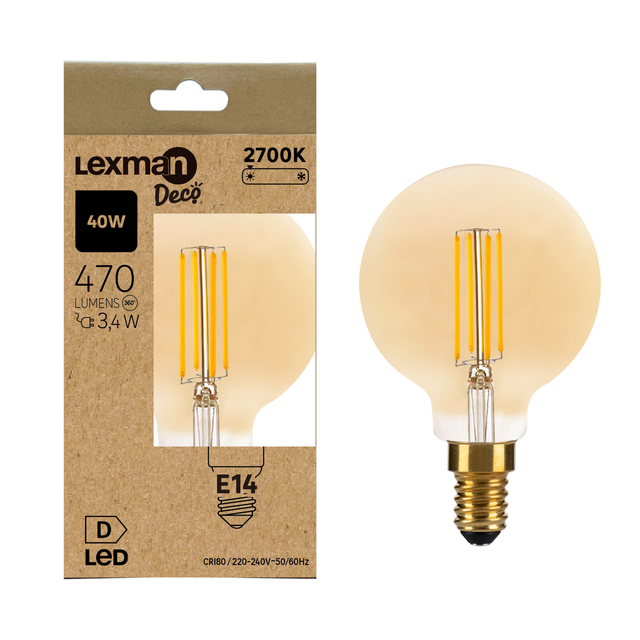 Ampoule led à filament, globe mm E14, 470lm = 40W, blanc chaud, LEXMAN