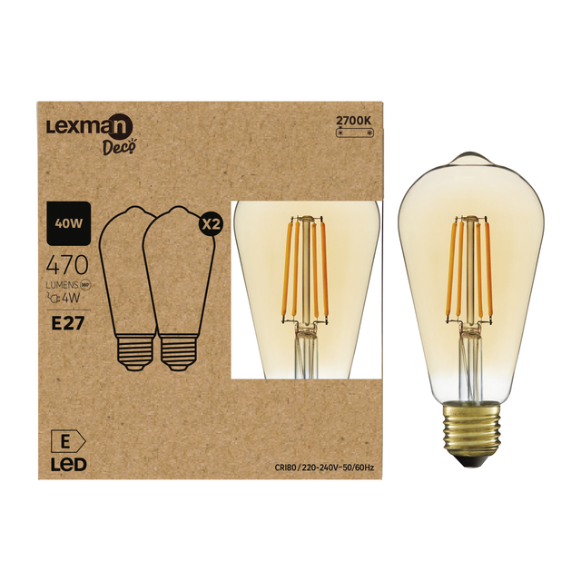 Lot de 2 ampoules led à filament, Edison E27, 470lm = 40W, blanc chaud, LEXMAN