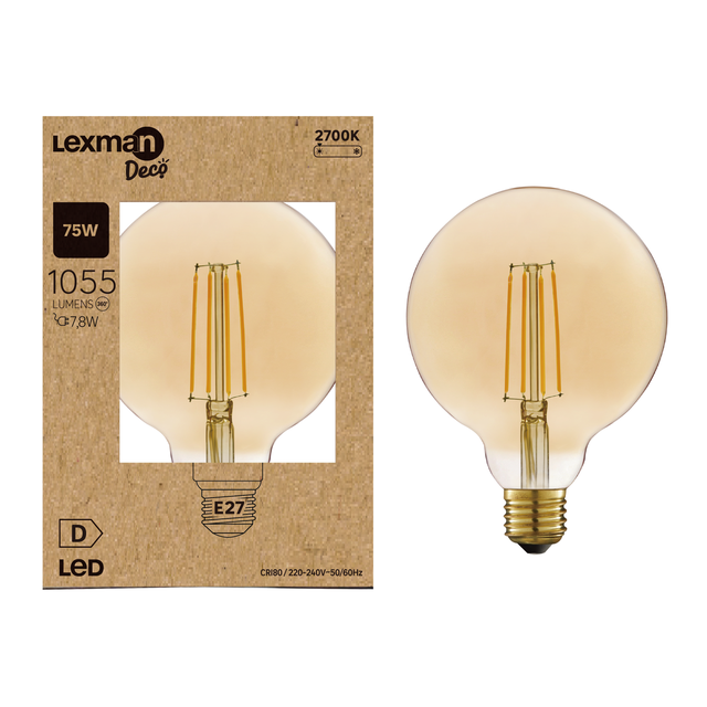 Bombilla decorativa LED filamento E27 forma globo 1055 lúmenes 7.8W color de la luz blanco cálido 2700K CRI 89-80 luz natural y fiel clase energética D