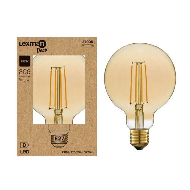 Ampoule led à filament, globe mm E27, 806lm = 60W, blanc chaud, LEXMAN