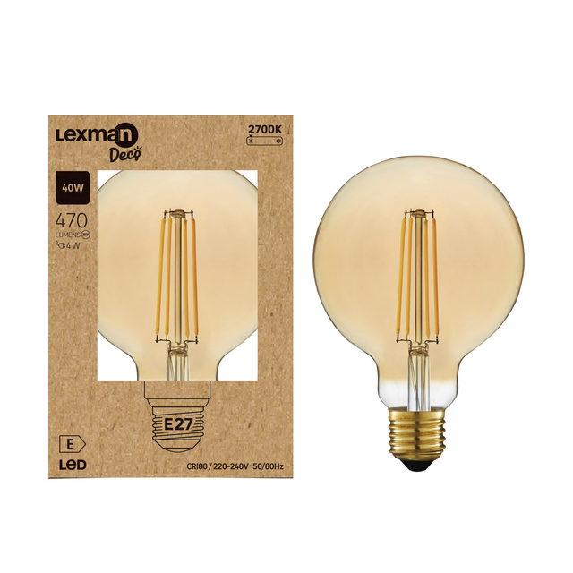 Ampoule led à filament, globe mm E27, 470lm = 40W, blanc chaud, LEXMAN