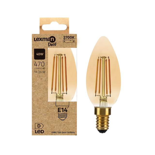 Ampoule led à filament, flamme E14, 470lm = 40W, blanc chaud, LEXMAN