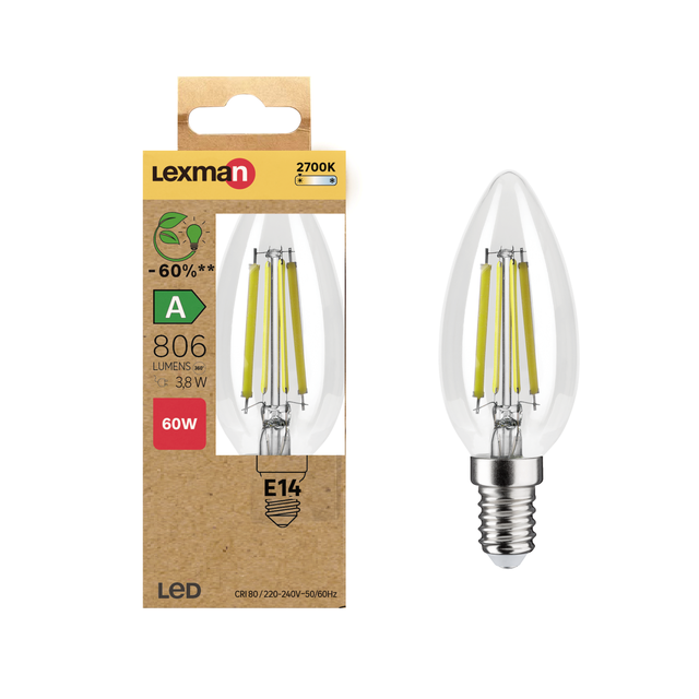 Bombilla LED filamento E14 vela transparente 3.8W 806 lm blanco cálido
