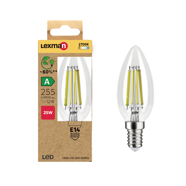 Ampoule led à filament, flamme E14, 255lm = 25W, blanc chaud, LEXMAN