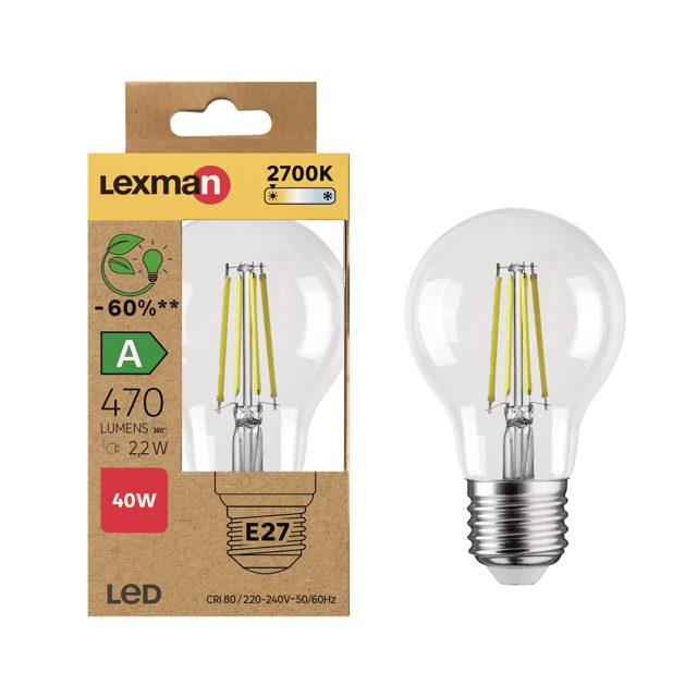 Ampoule led, E27, 470lm, classe énergétique A, blanc chaud, LEXMAN