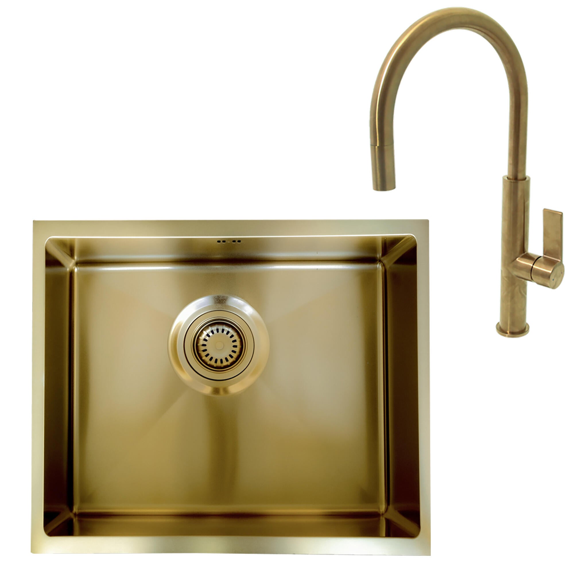 Conjunto fregadero luisa 55 oro cepillado 55 x 45 y grifo caño alto sifflet oro