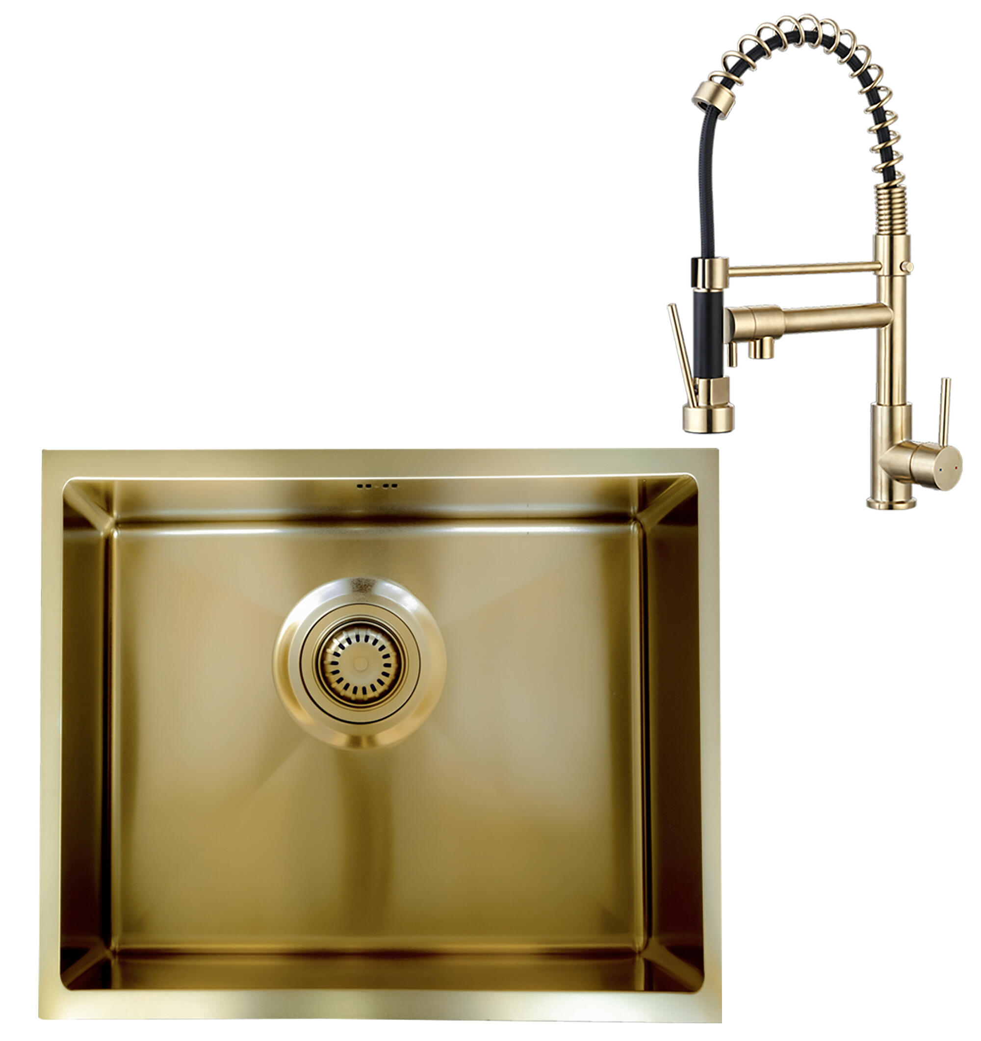 Conjunto fregadero luisa 55 oro cep 55x45 y grifo caño alto+ducha big pro oro