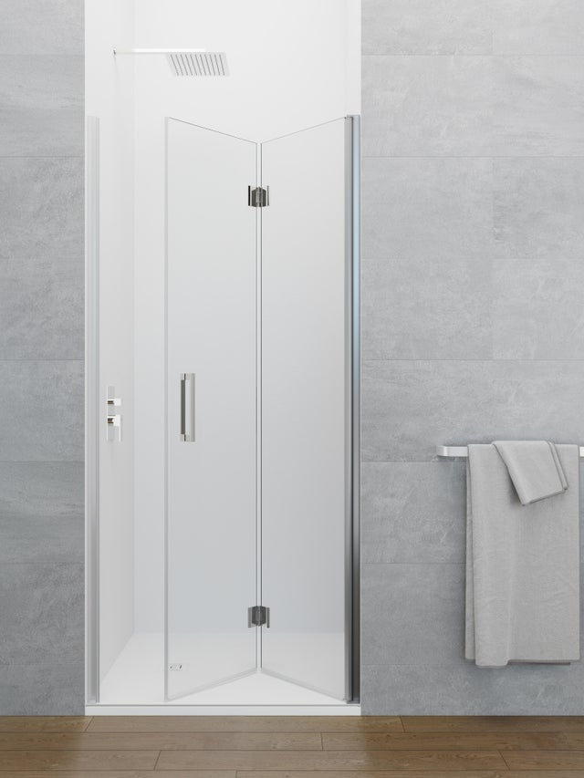 Mampara de ducha frontal 1 fijo + 1 puerta plegable transparente Fold C2 perfil aluminio cromo (80-84)x195 cm cristal 6mm cierre magnético sin guía inferior marca GME