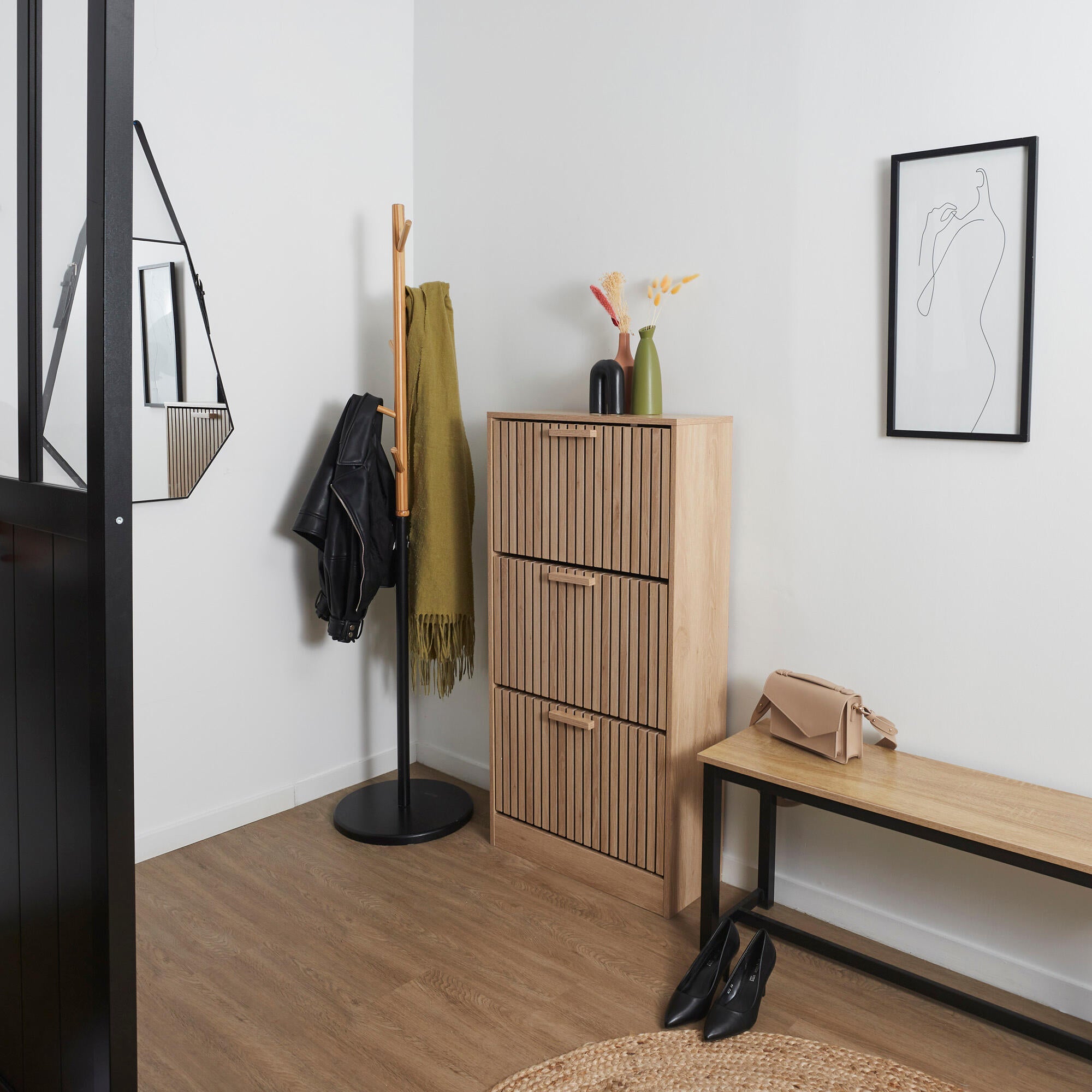 Zapatero Klaus con 3 compartimentos para 18 pares en melamina color marrón 24x113x60 cm - 9