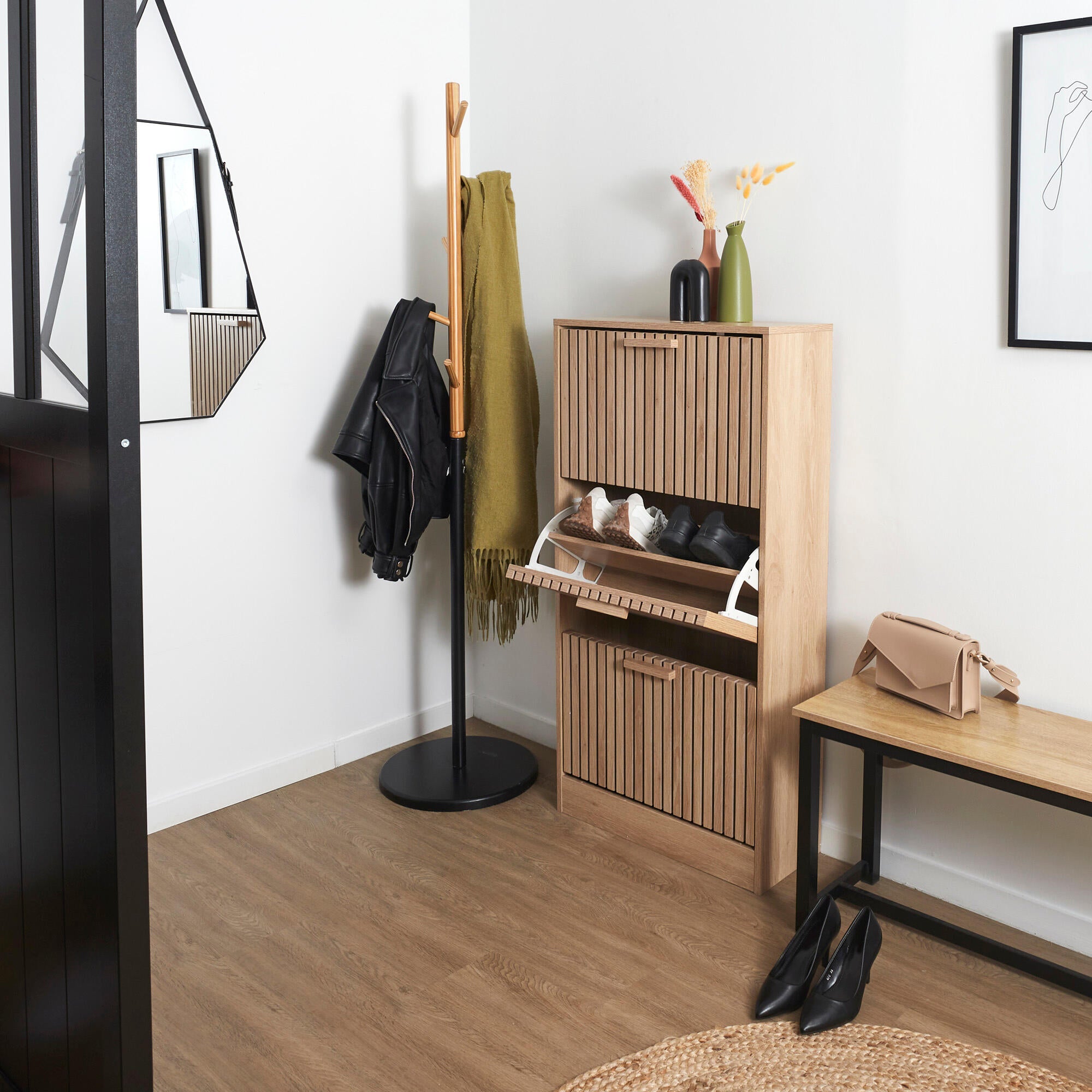 Zapatero Klaus con 3 compartimentos para 18 pares en melamina color marrón 24x113x60 cm - 8