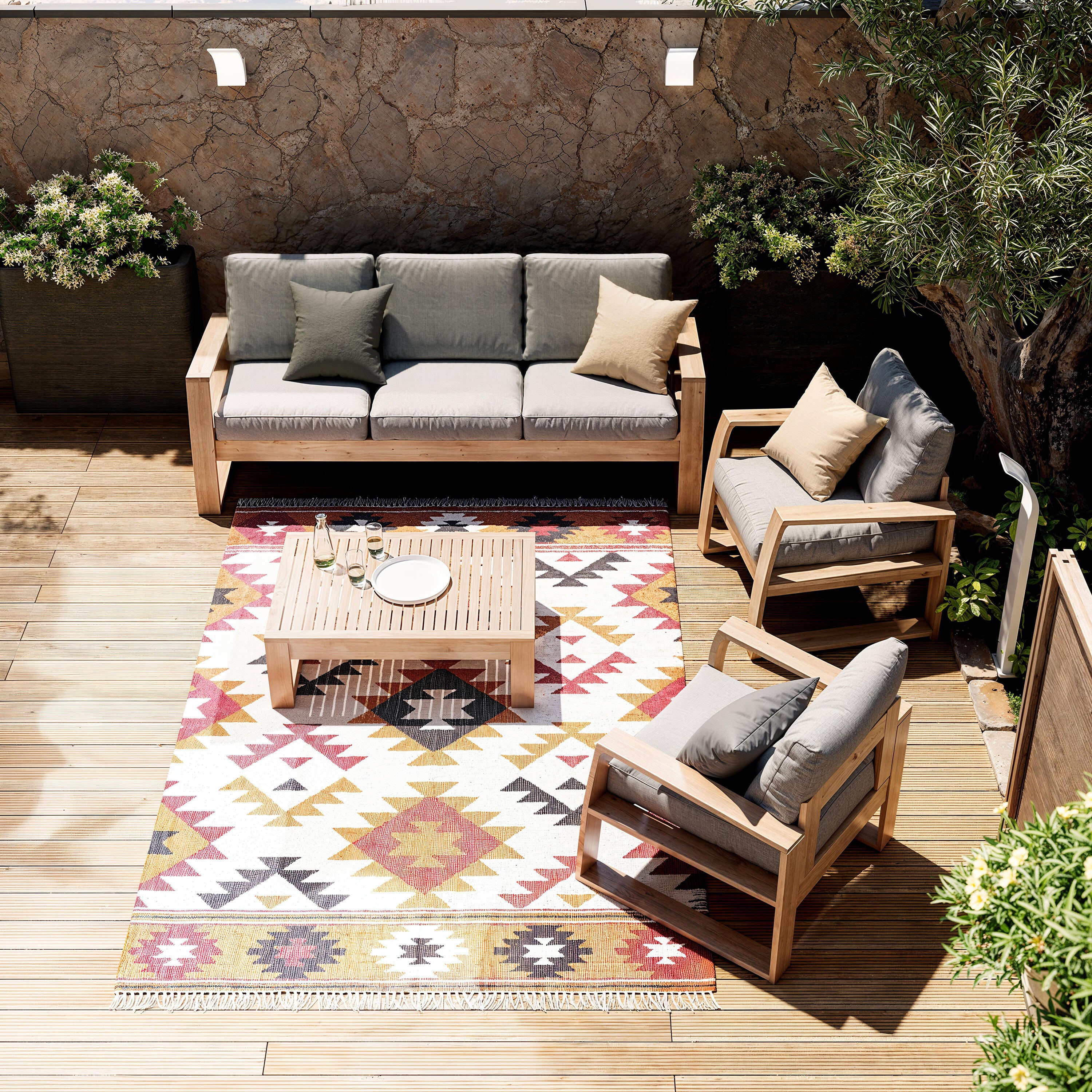 Set de porche naterial solaris de madera para 5 personas