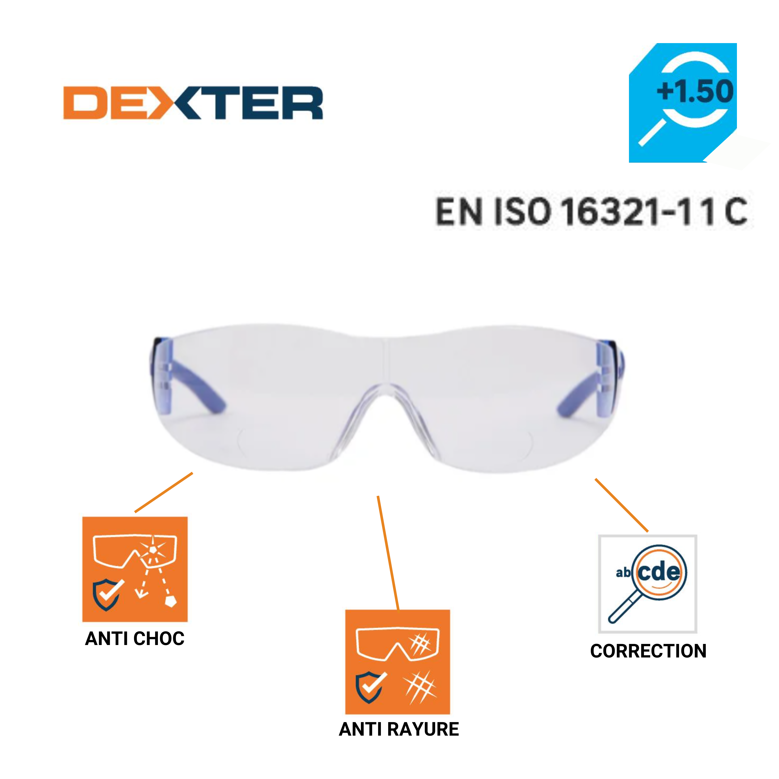 Lunettes de sécurité correctrices +1.5 DEXTER, verres incolore antirayures - 2