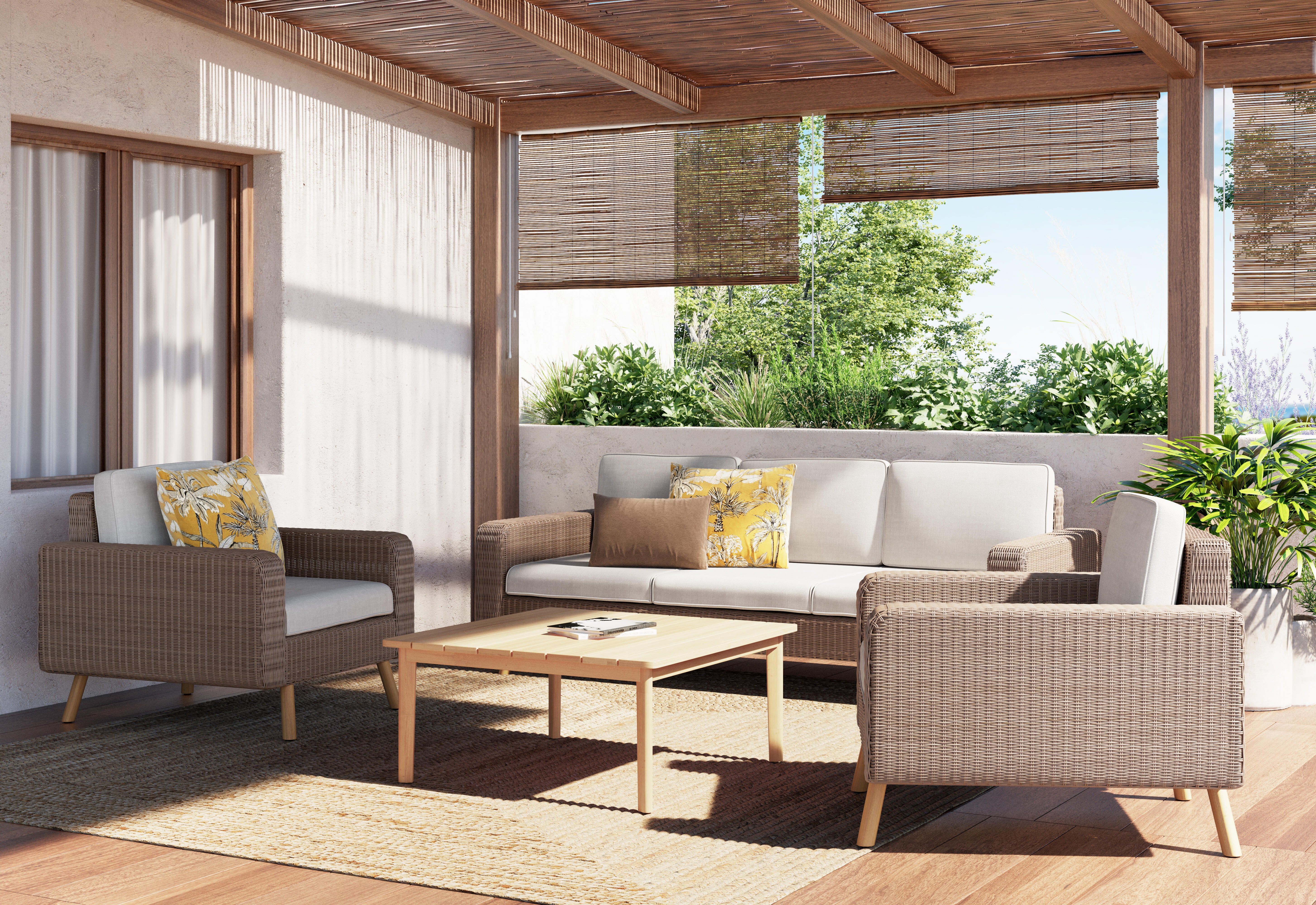 Sofá jardim rattan 3 pessoas castanho bege Nerea Naterial - 4