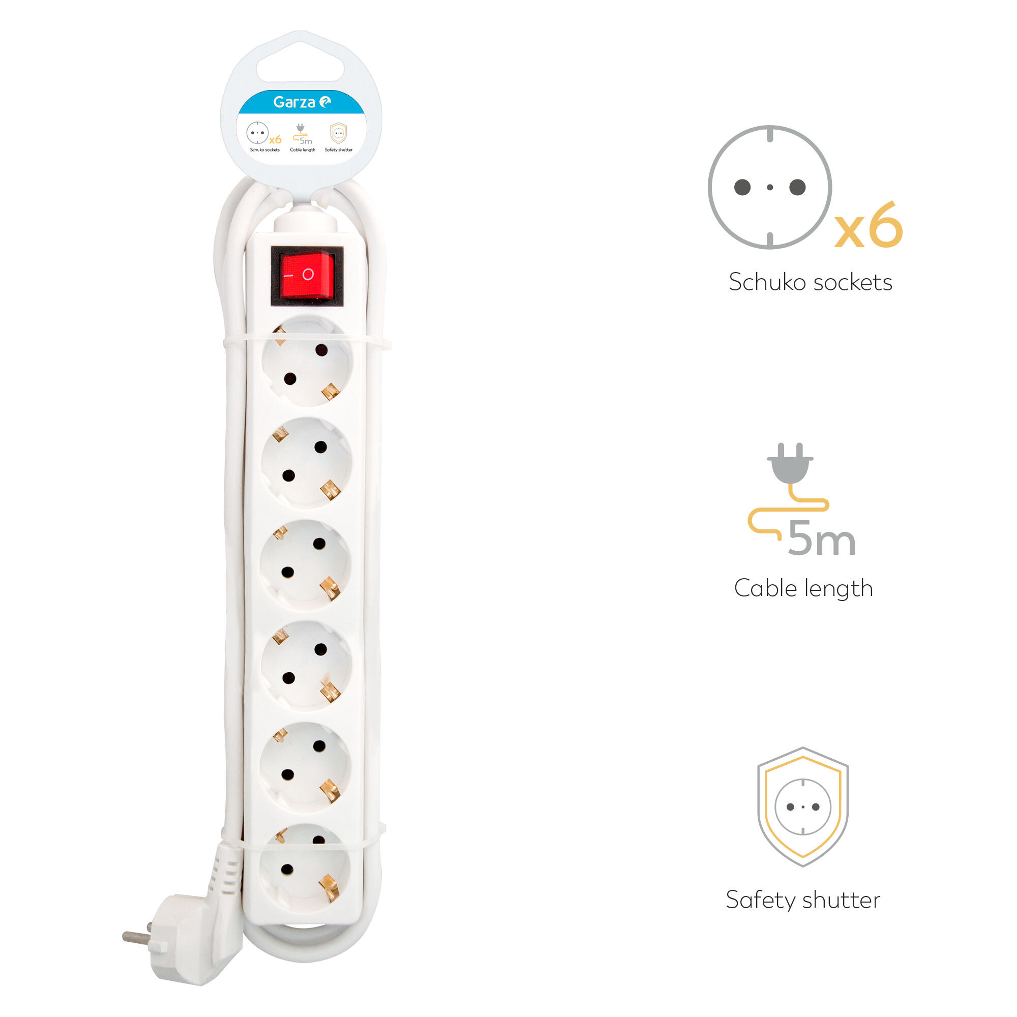 Extensão de 6 tomadas com interruptor 5m branco Garza - 7