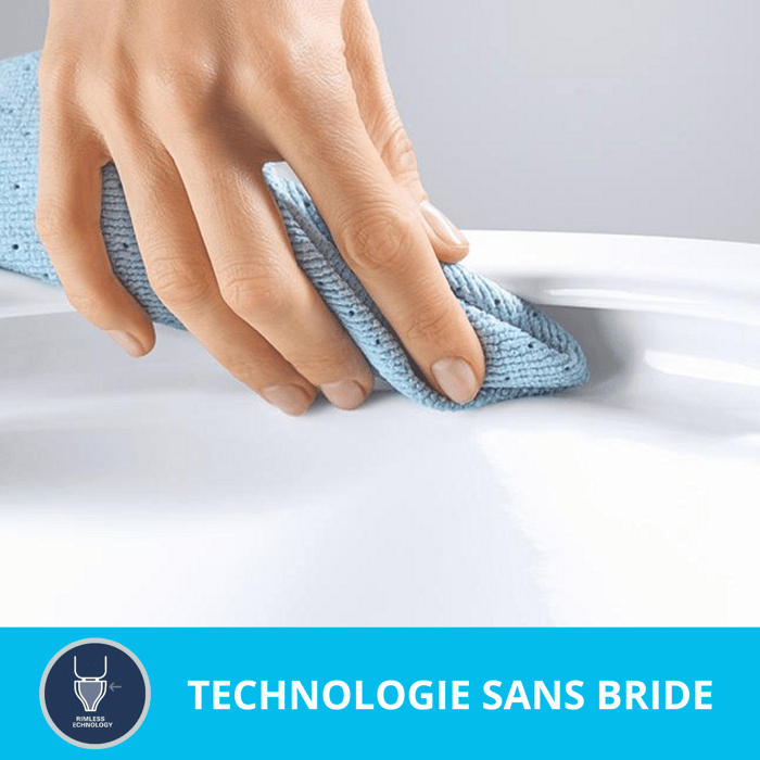 Grâce à la technologie sans bride de GROHE, la totalité de la surface des WC est facilement accessible et se nettoie sans effort, même dans les endroits inaccessibles. La dissimulation des bactéries dans les recoins et sous le rebord des WC fait désormais partie du passé. La technologie sans bride de GROHE ne leur laisse aucune chance.