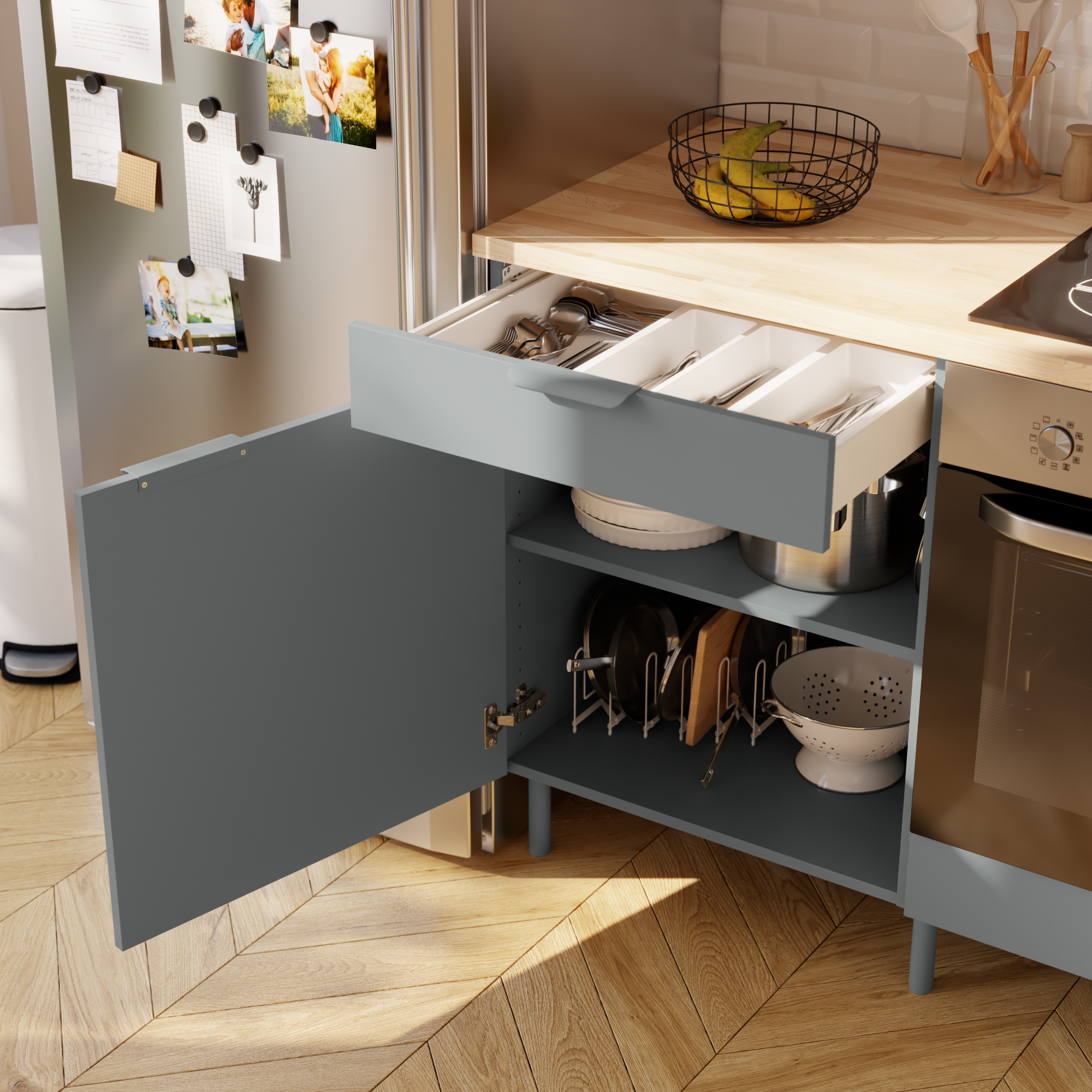 Meuble bas de cuisine Eleki gris 1 porte et 1 tiroir H87.1 x l60 - 5