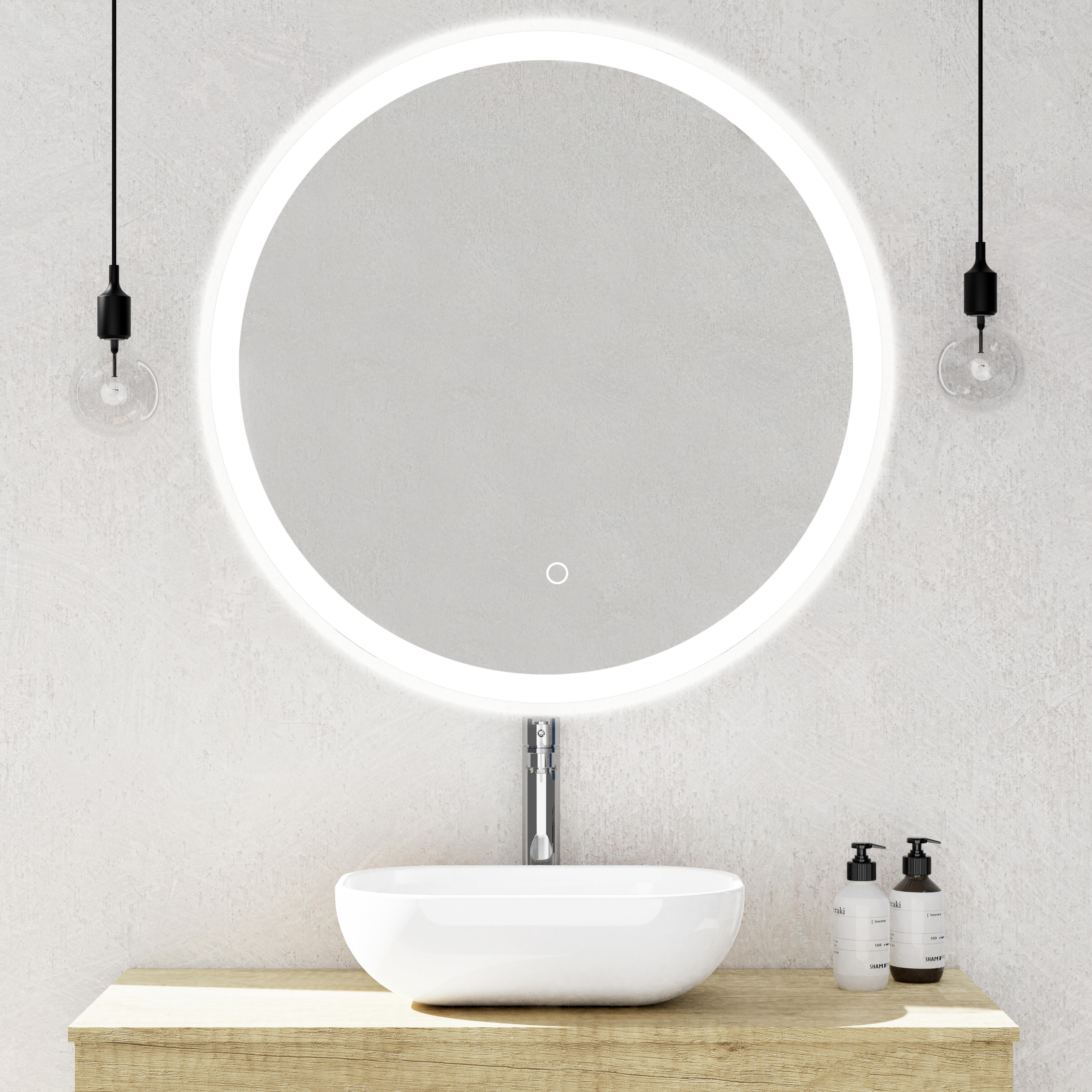 Espejo de baño con luz led tactil round negro con antivaho, táctil 80x80cm