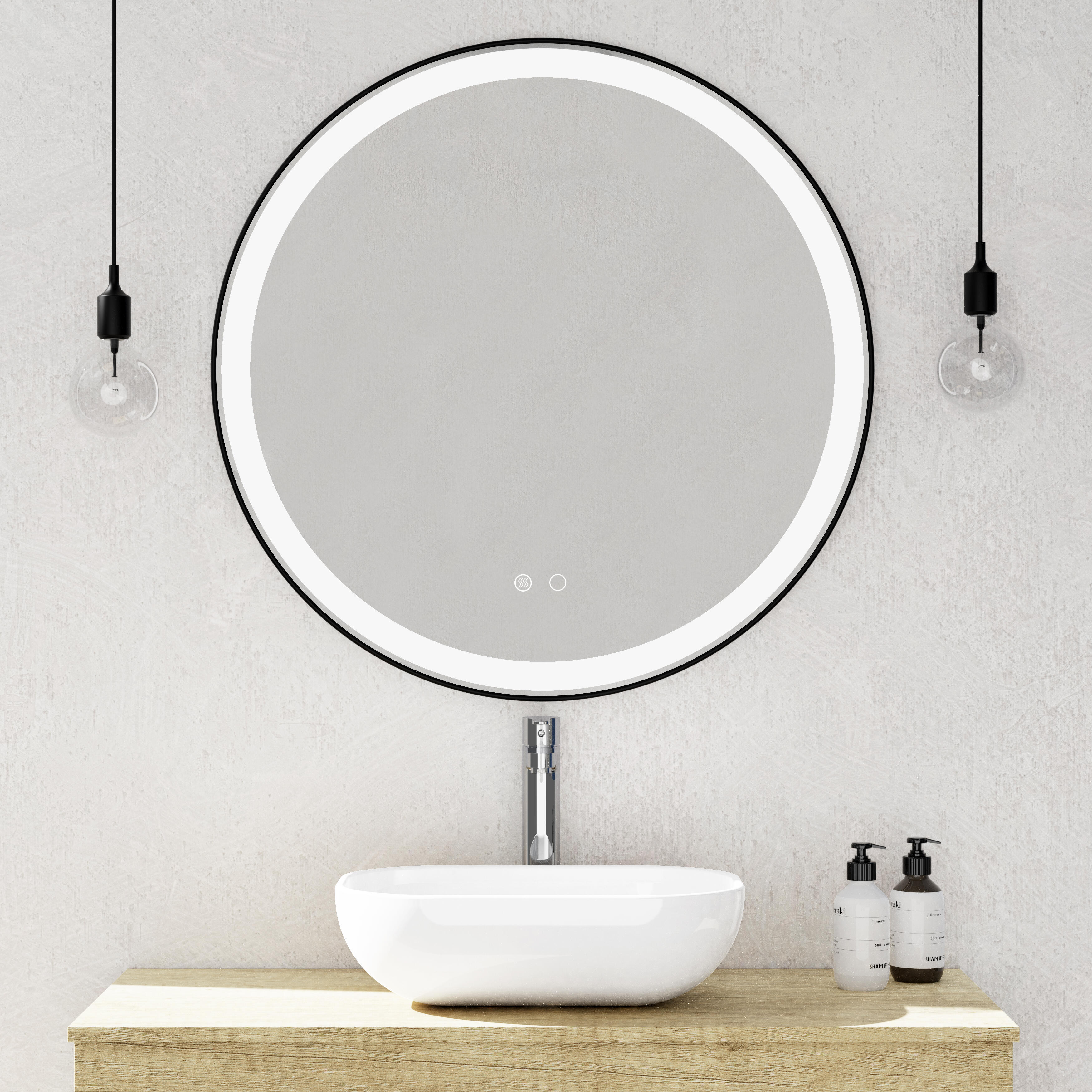Espejo de baño con luz led tactil black round negro con antivaho, táctil 80x80cm