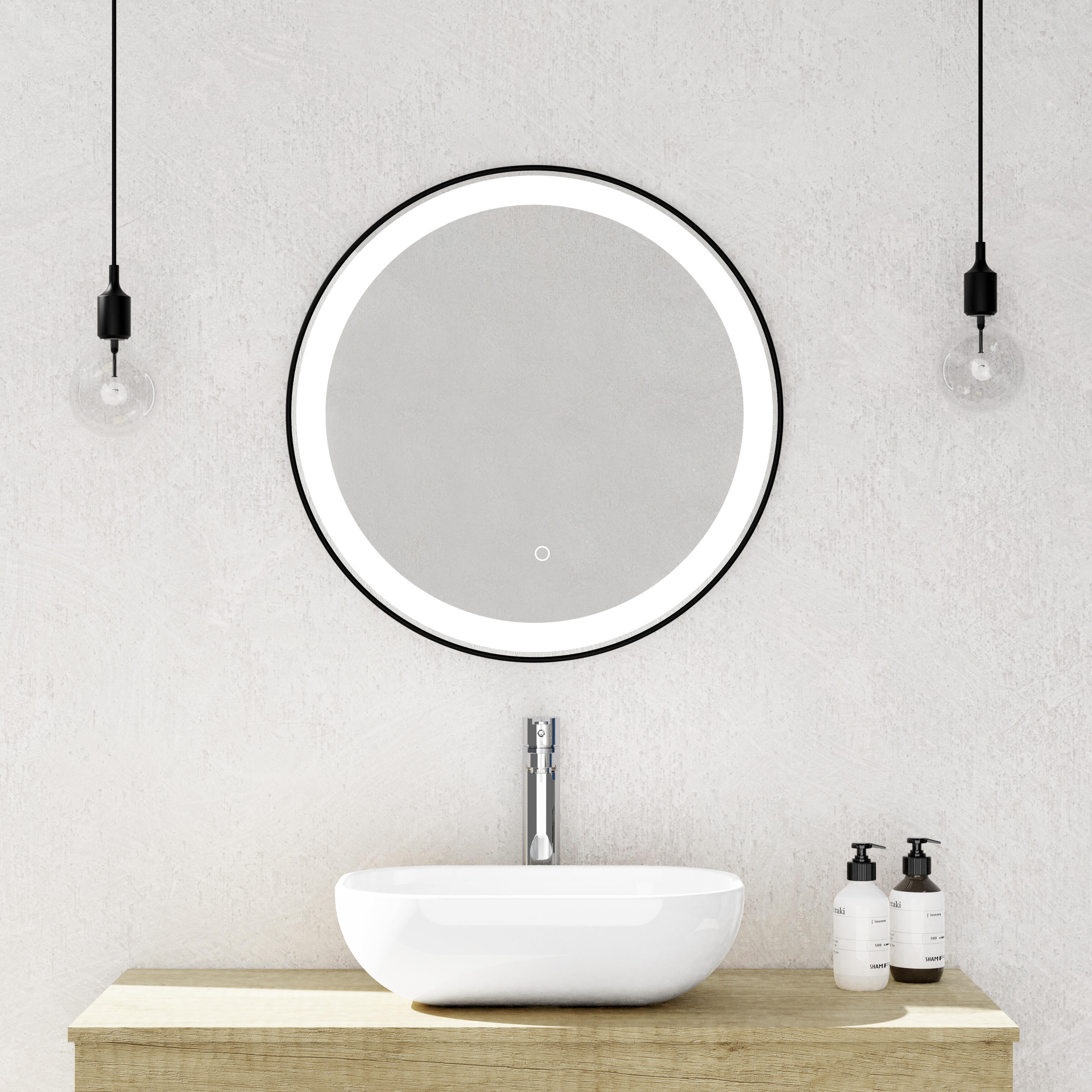 Espejo de baño con luz led tactil black round negro con antivaho, táctil 60x60cm