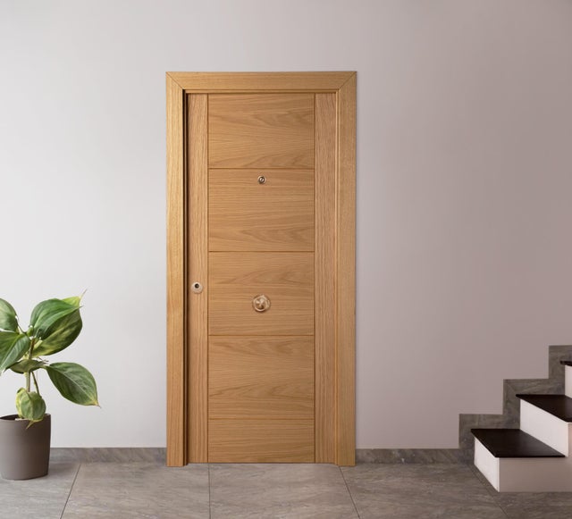 Puerta de entrada blindada serie 3P fresado roble / interior liso  roble apertura derecha 205x86cm