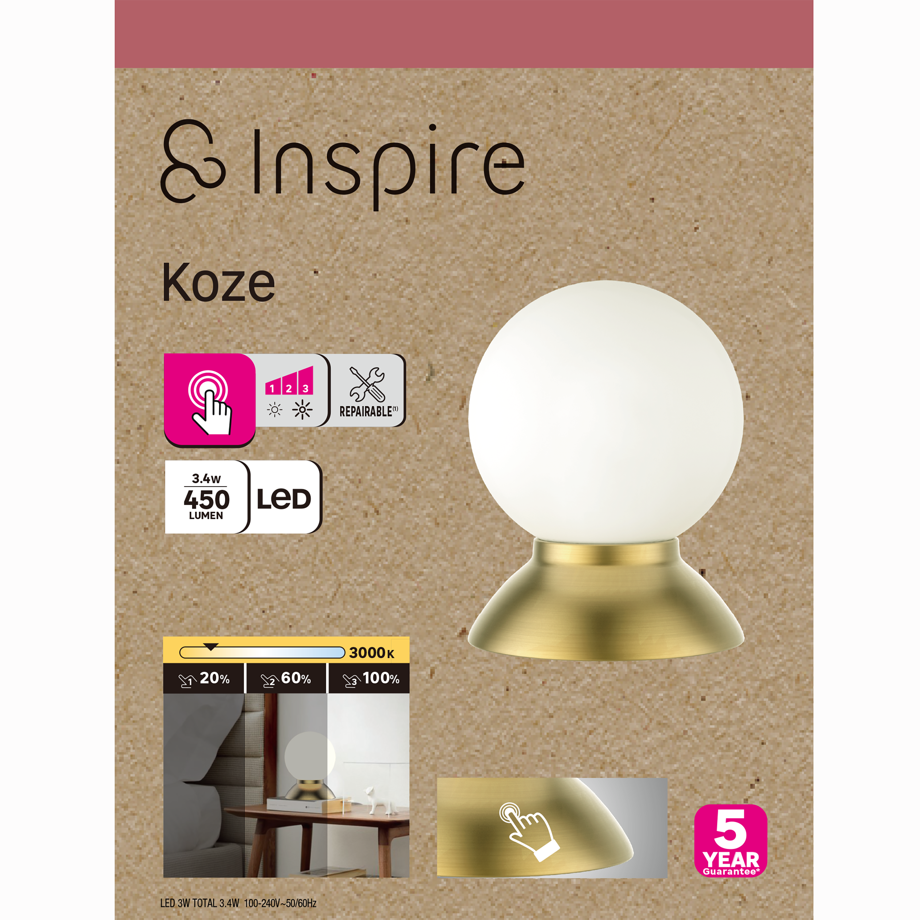Lampe LED Koze , fer, or, H.16.5 cm, INSPIRE - 8