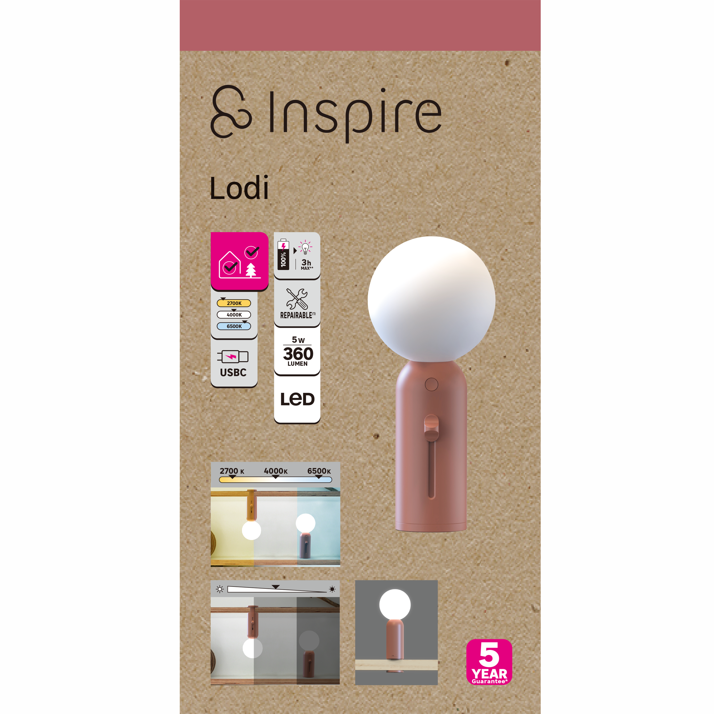 Candeeiro de mesa LODI regulável IP44 USB 20cm castanho Inspire - 9