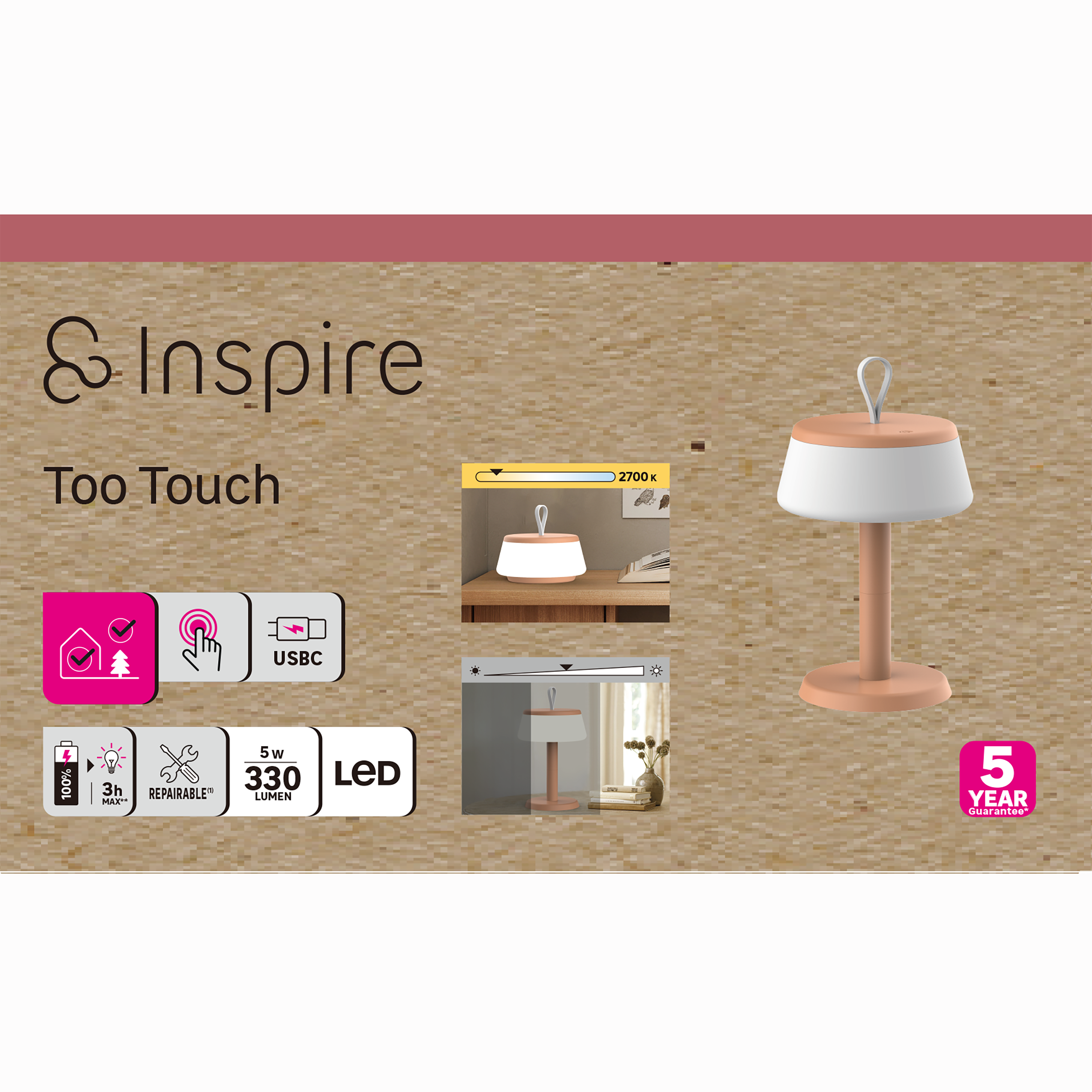 Lampe LED Too touch fonction rechargeable, abs, rose, H.20 cm, INSPIRE - 10