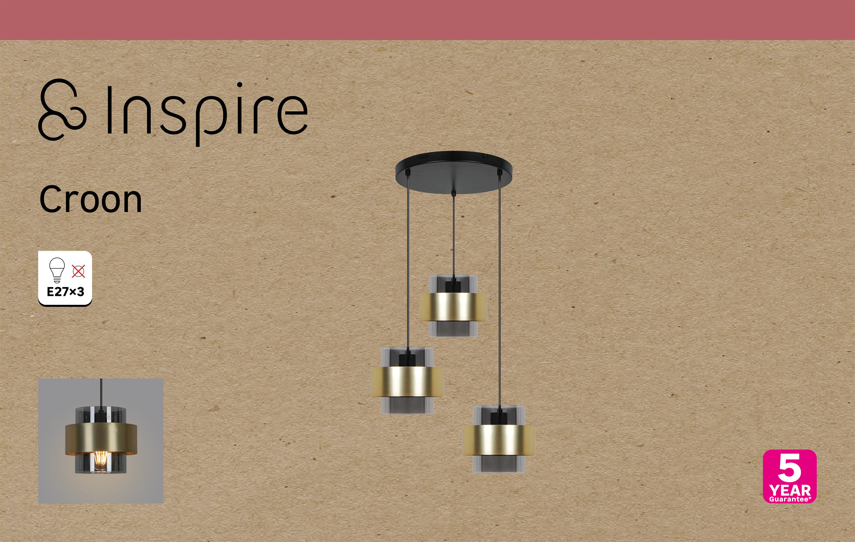 Candeeiro de teto suspenso metal CROON E27 3 luzes dourado 35cm Inspire - 7