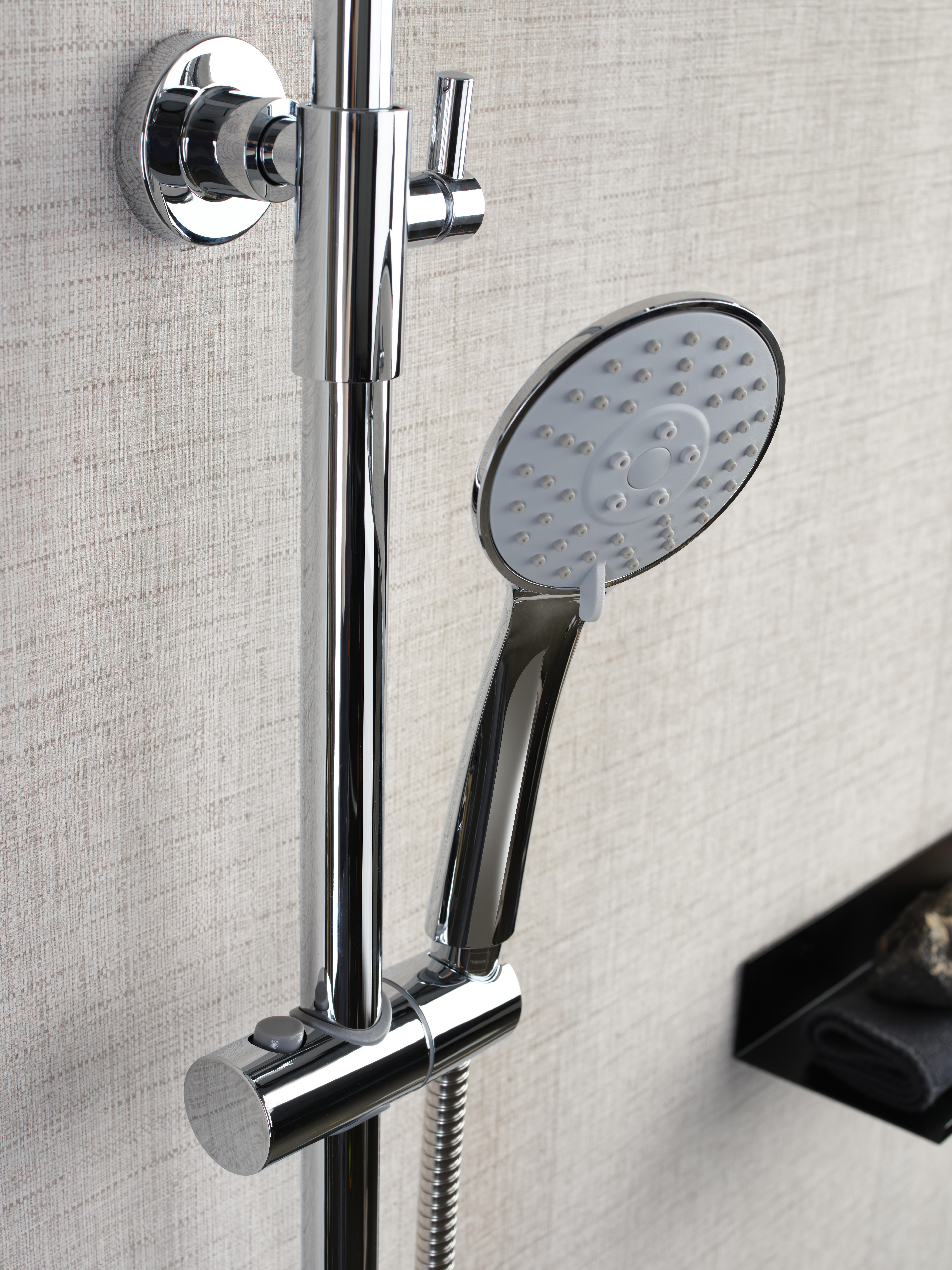 Columna de ducha con grifo Monomando STROHM TEKA Ethika Cromo Brillo Rociador 25 Redondo extraplano Barra extensible Sistema antical Con ahorro de agua - 17