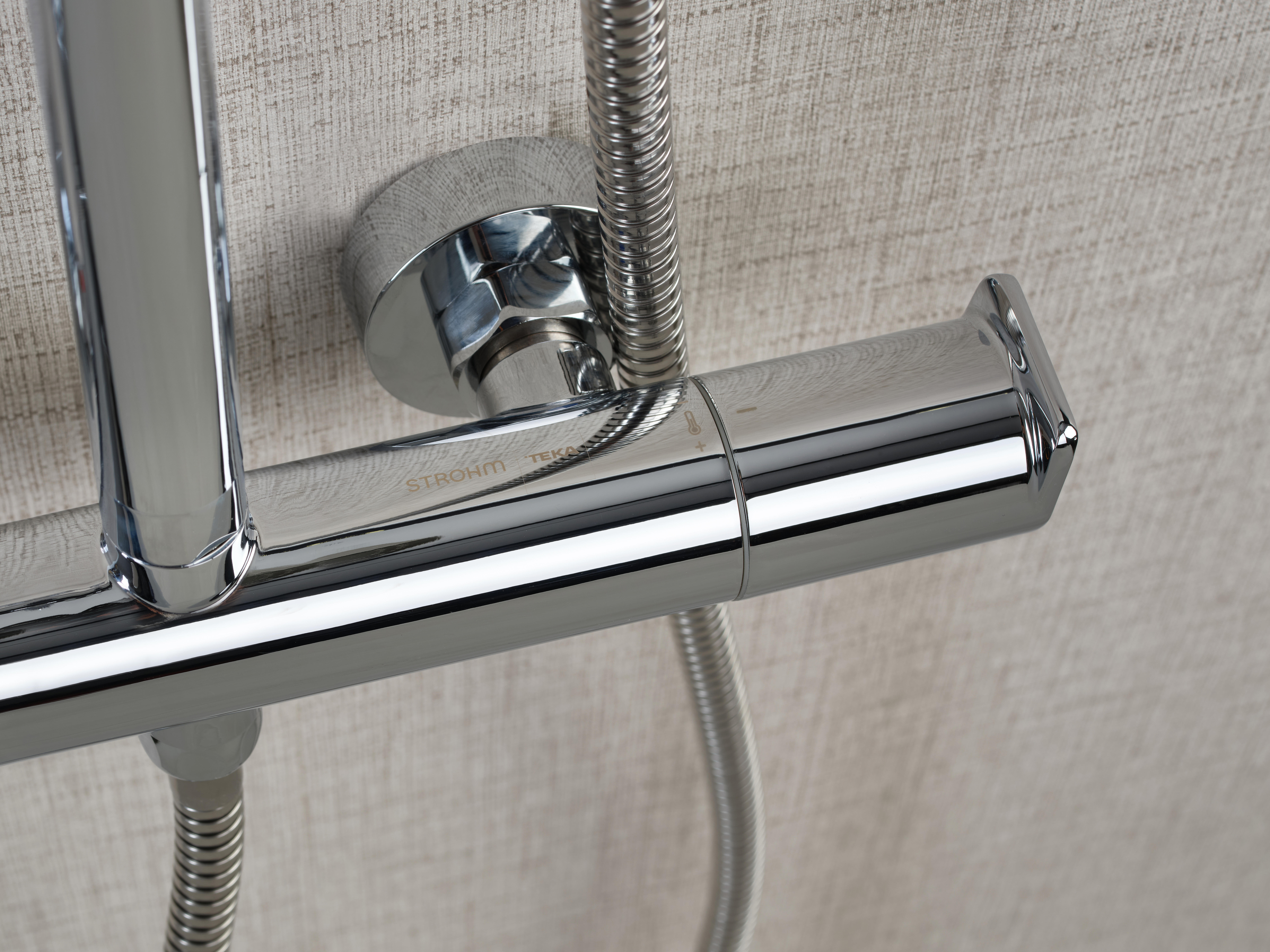 Columna de ducha con grifo Monomando STROHM TEKA Ethika Cromo Brillo Rociador 25 Redondo extraplano Barra extensible Sistema antical Con ahorro de agua - 16