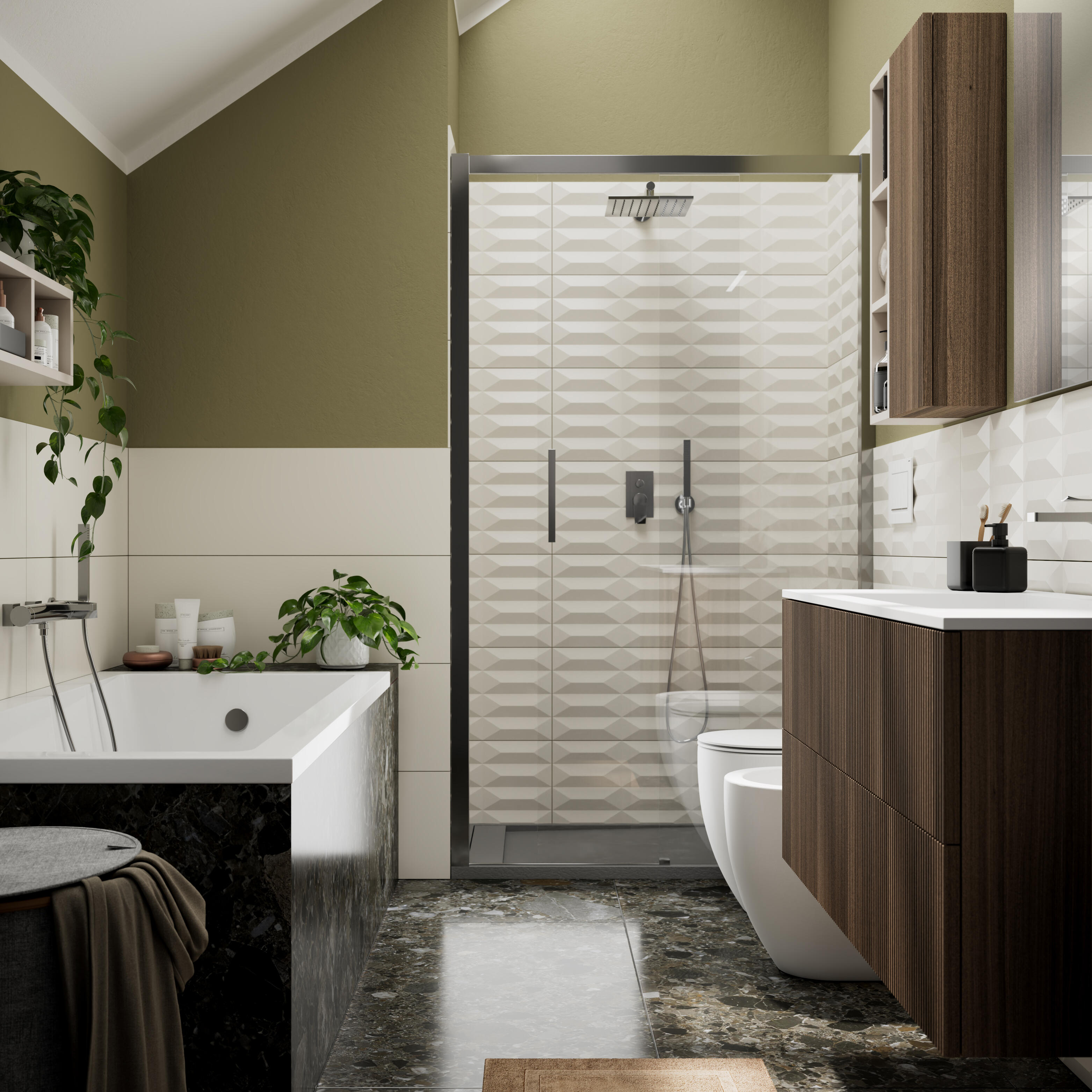 Piastrella da rivestimento interno in gres porcellanato 30 x 90 cm rettificato panna satinato Interni Cream 3D decoro Sp. 10 mm 1.35 mq - 2