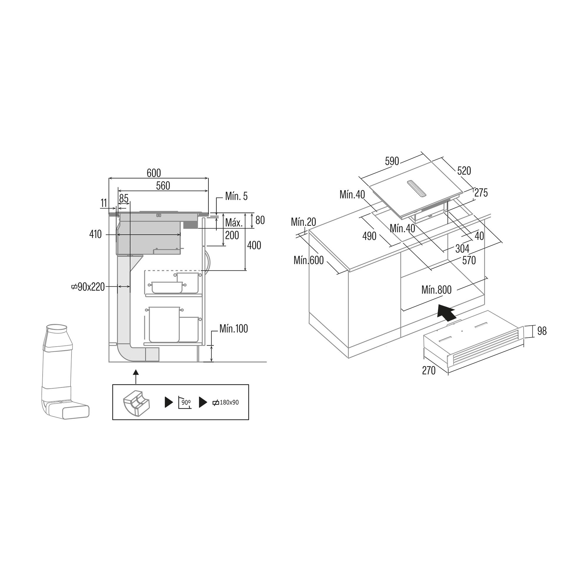 Placa de inducción con extractor CATA Inducción Aspirante Superficie AS 600 con 4 zonas de cocción y zona flex 135W negro 59 cm - 2