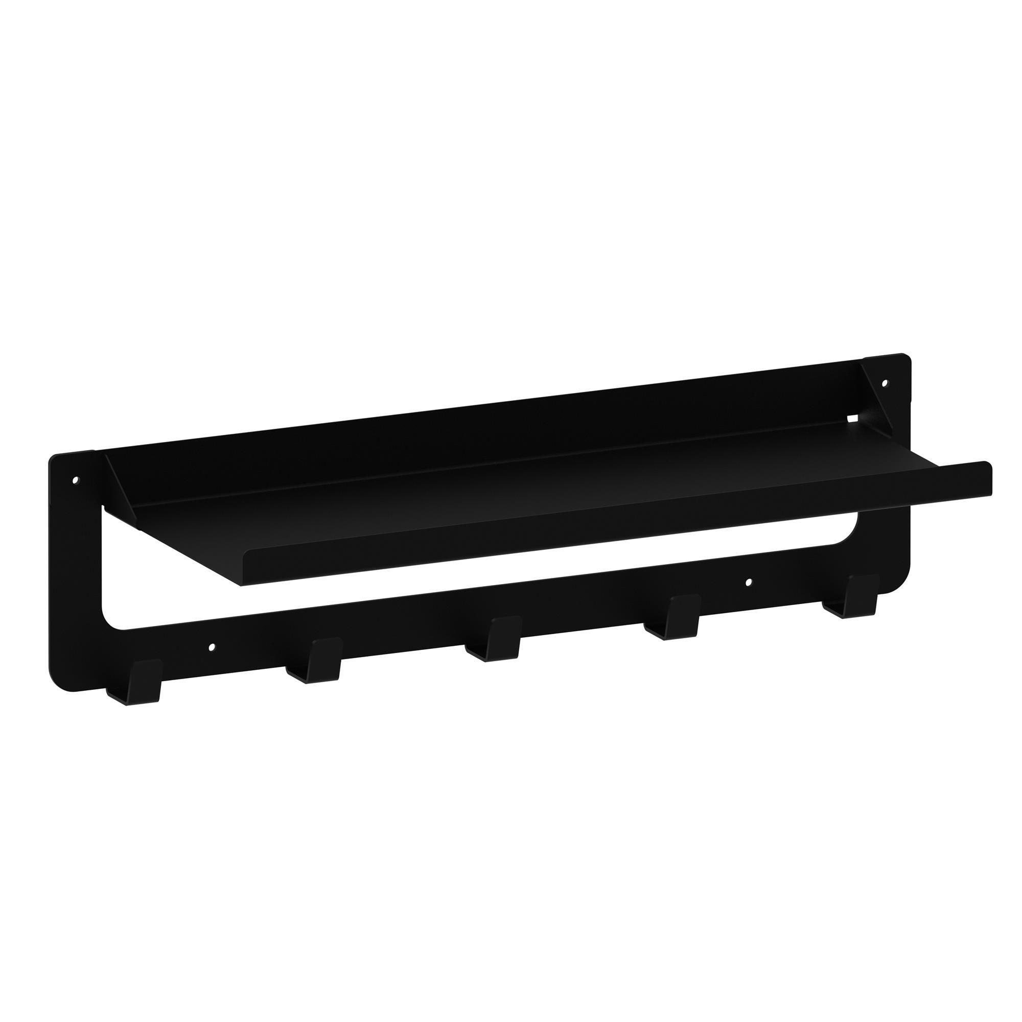 Perchero de pared con estante en acero negro con 5 ganchos, gamet