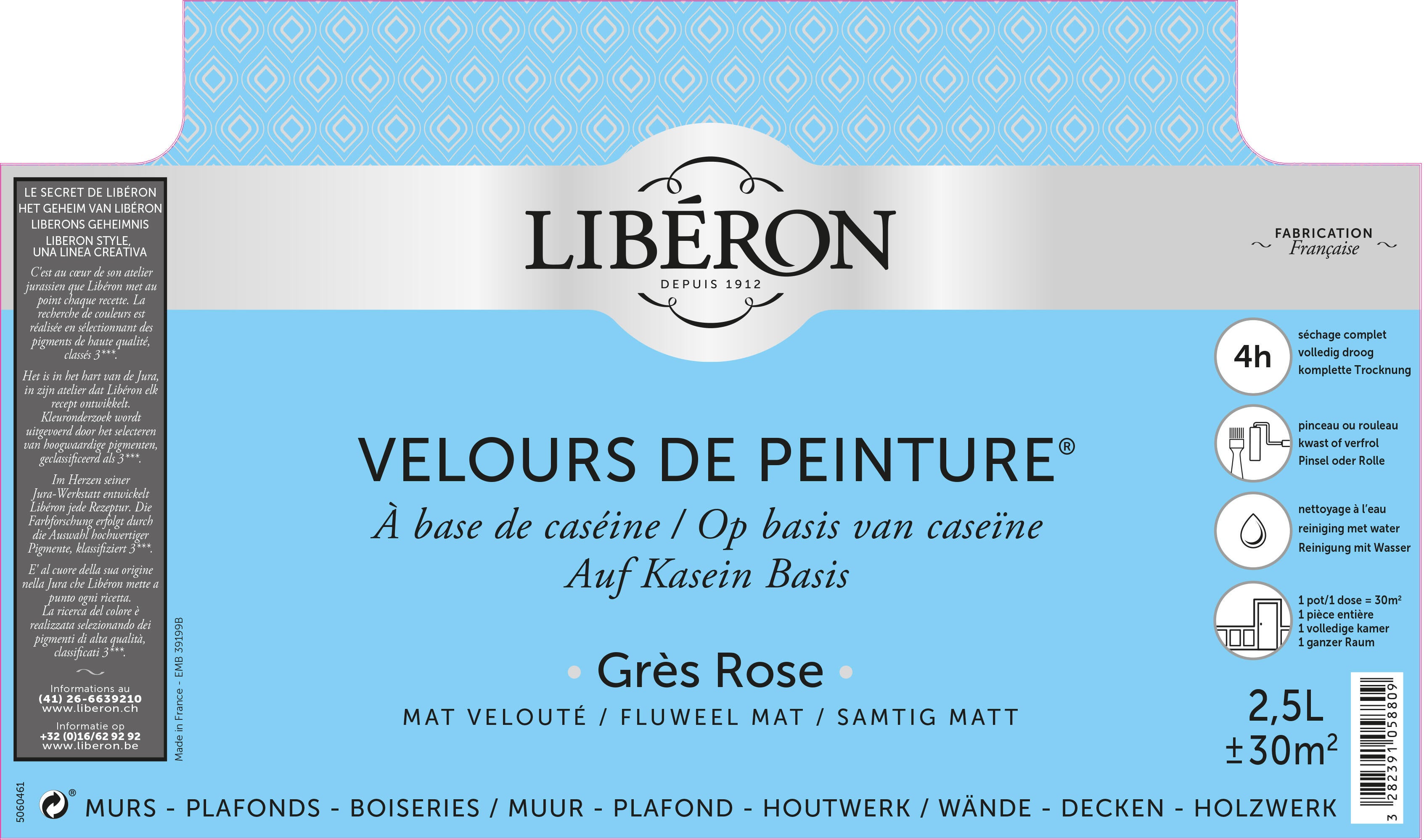 Pittura per interni per parete super lavabile, LIBÉRON VELOURS DE PEINTURE gres rose velluto, 2.5 L - 2