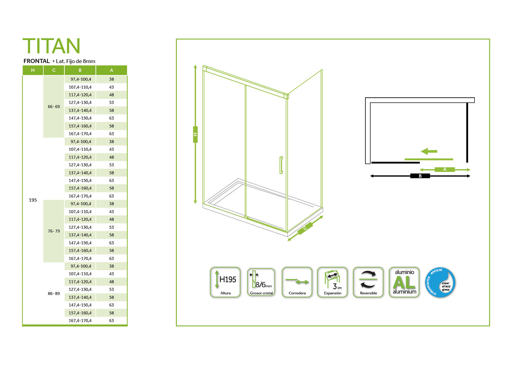 Mampara de ducha frontal con panel fijo lateral corredero transparente titan perfil cromo (66-69)+70 x195 cm