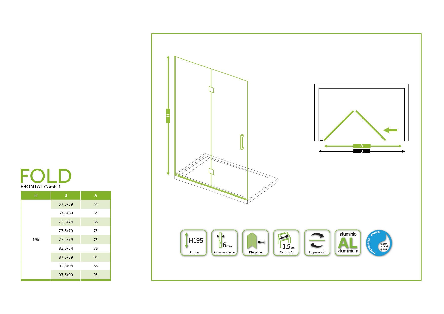 Mampara de ducha frontal 1 fijo + 1 puerta plegable transparente Fold C1 perfil aluminio cromo (97.5-99)x195 cm cristal 6mm cierre magnético sin guía inferior marca GME - 2