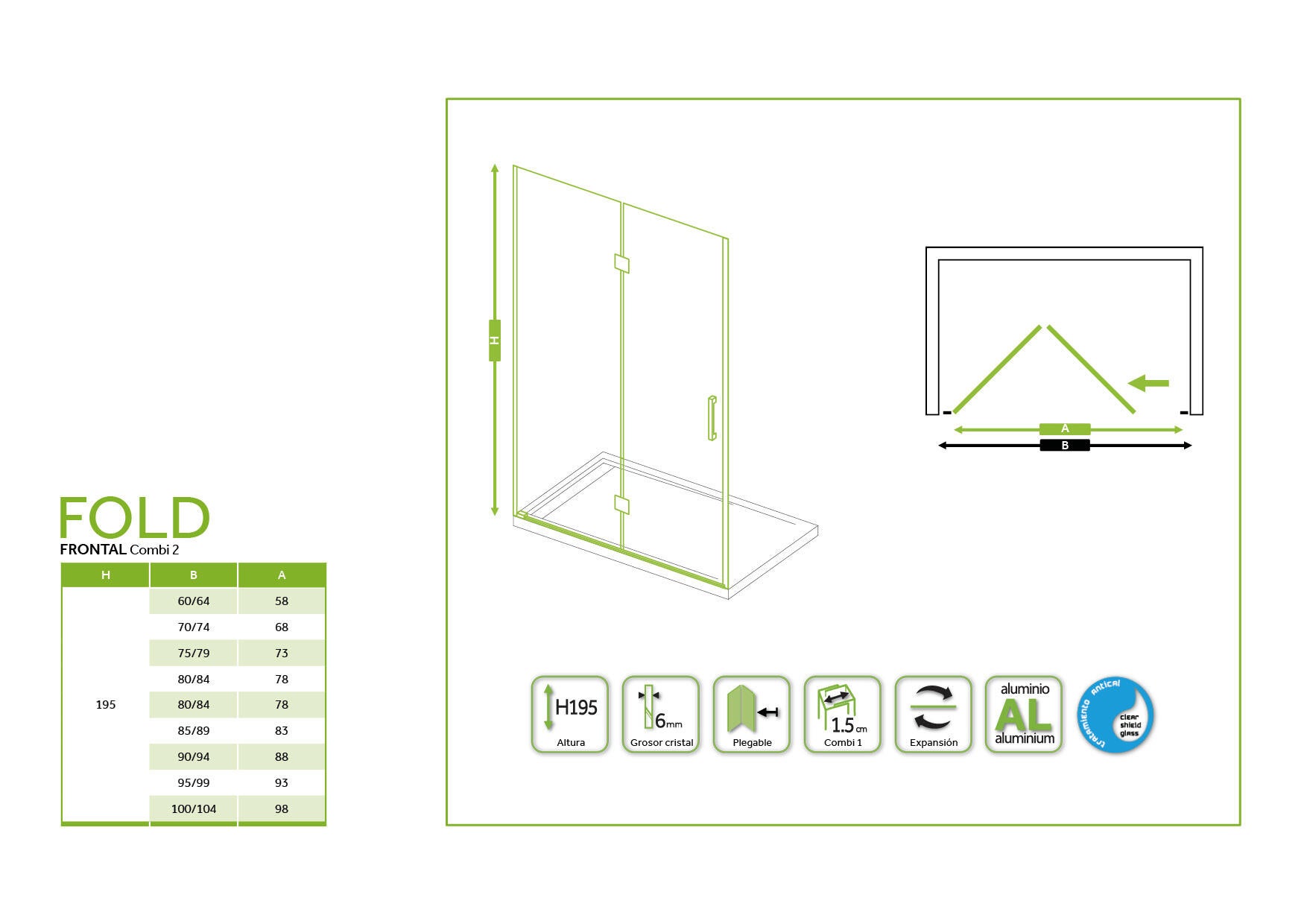 Mampara de ducha frontal 1 fijo + 1 puerta plegable transparente Fold C2 perfil aluminio cromo (90-94)x195 cm cristal 6mm cierre magnético sin guía inferior marca GME - 2